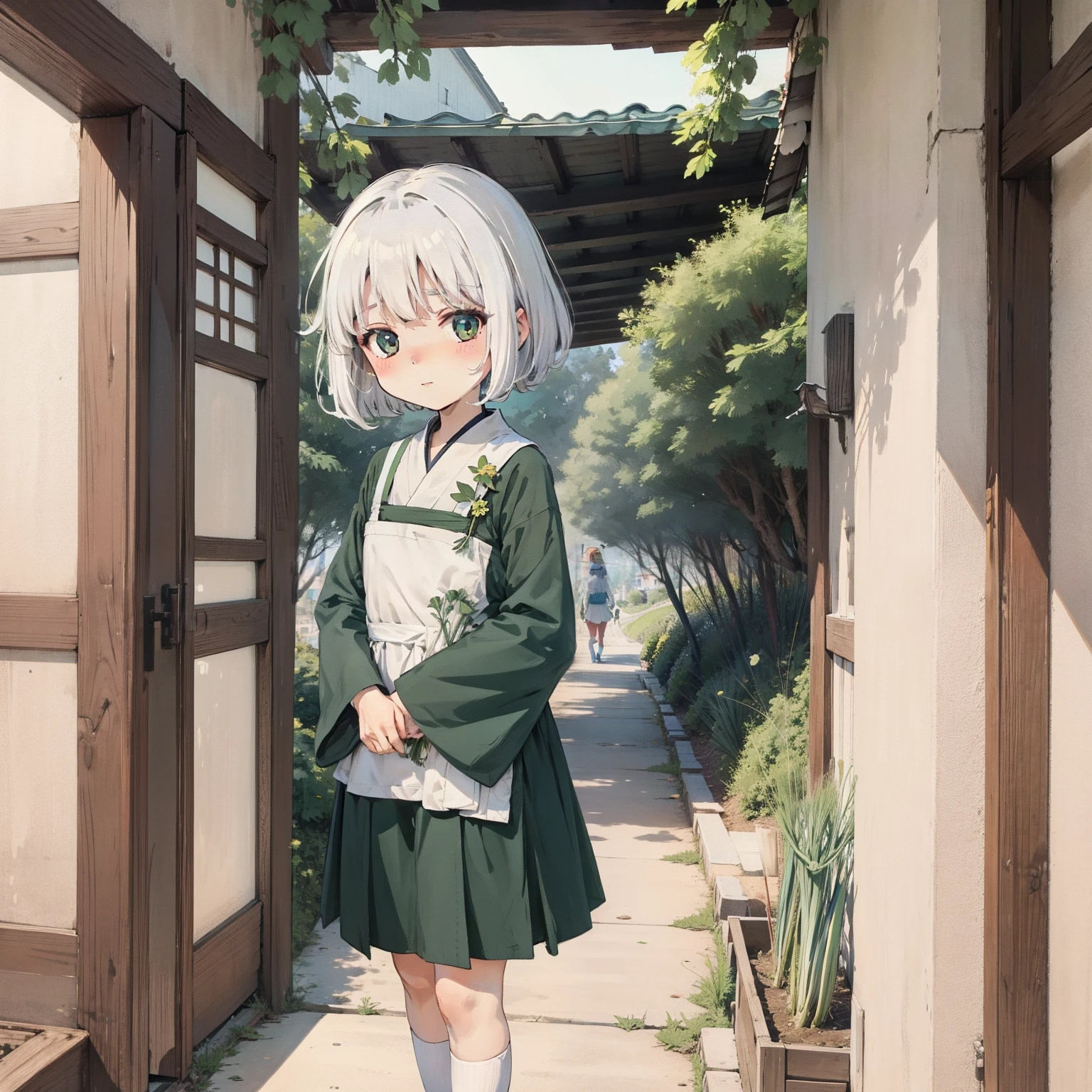 Green onions taller than a person,blossom flower,one-girl,Loli,elementary student,独奏, (with short white hair:1.2),