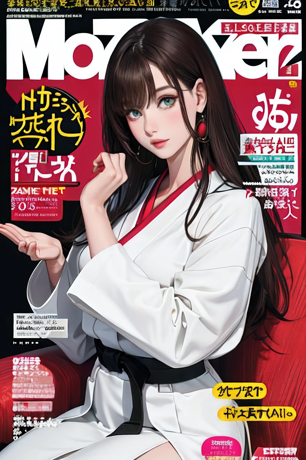 MagazineCover, tmasterpiece, Best quality at best, brunette color hair, japanes, MagazineCover, The upper part of the body, green-eyed, KARATE, woman ,titles,Whirlwind Maiden, blackbody,smart,