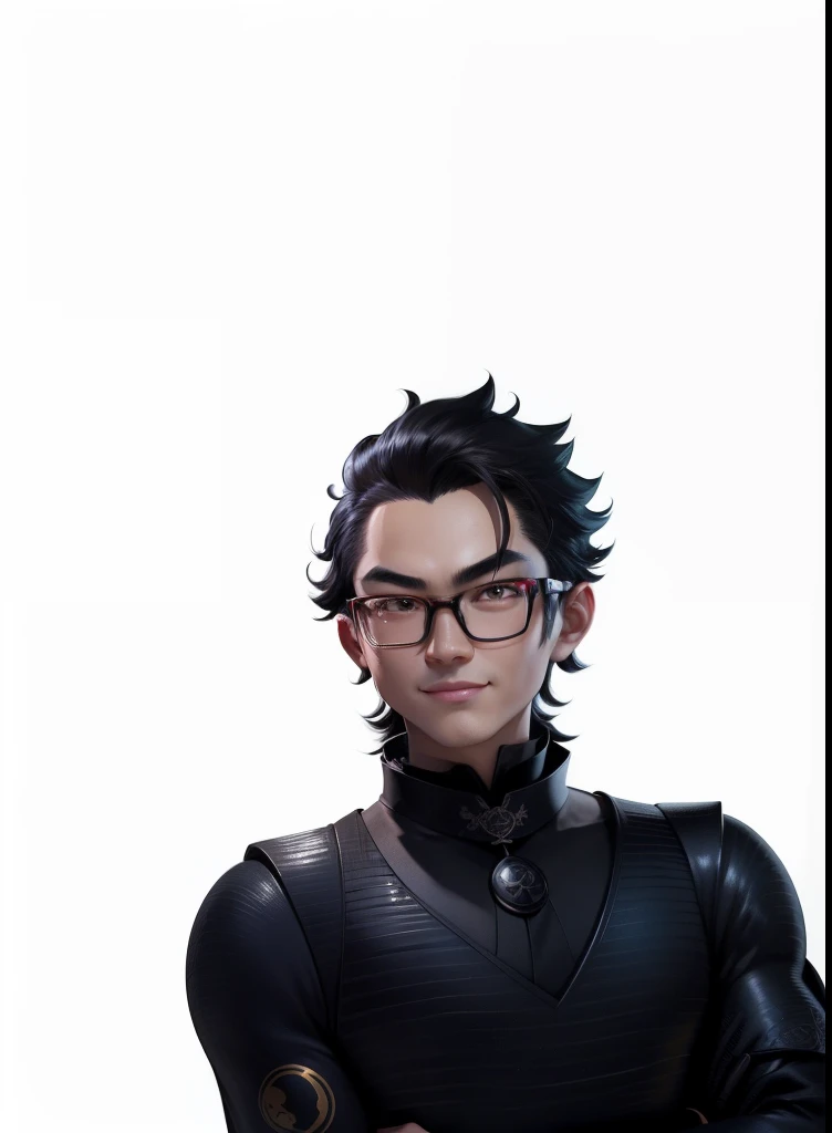 (Masterpiece), (Excellent), (Super Meticulous), (Full Body: 1.2), Super Young Man with Japanese Female Geisha, Pretty, Beautiful, Chinese Dragon, Tiger, Wind God Thor, Sexy, Bursting, Oriental Face, TV Anchor, Bust Portrait Illustration, Black Suit, Blue Tie, Slightly Chubby Face, Silver Glasses, Very Clean Face, No Beard on Chin, Black Super Short Hair, Black Eyes, Confident Smile, 3c Computer Sub-Products, iPad, iPhone, Digital Painting, 3D character design by Mark Clairedon and Pixar and Hayao Miyazaki and Akira Toriyama, the illustrations are HD illustrations in 4K resolution with highly detailed facial features and cartoon-style visuals.