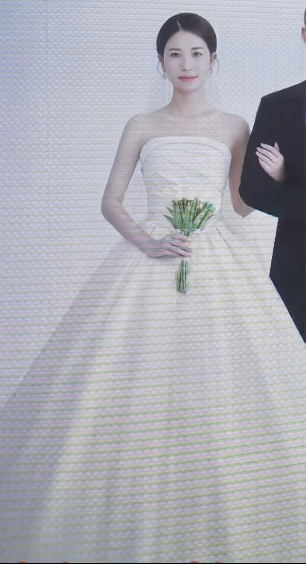 the bride, Wedding dress, Naoto Fukasawa, Wearing a wedding dress, hands hidden under the bouquet, height of 165cm, style of yoshii chie, 155 cm tall, wedding photo, 🌸 🌼 💮, in front of white back drop, Beautiful wedding dress, naoya tanaka
