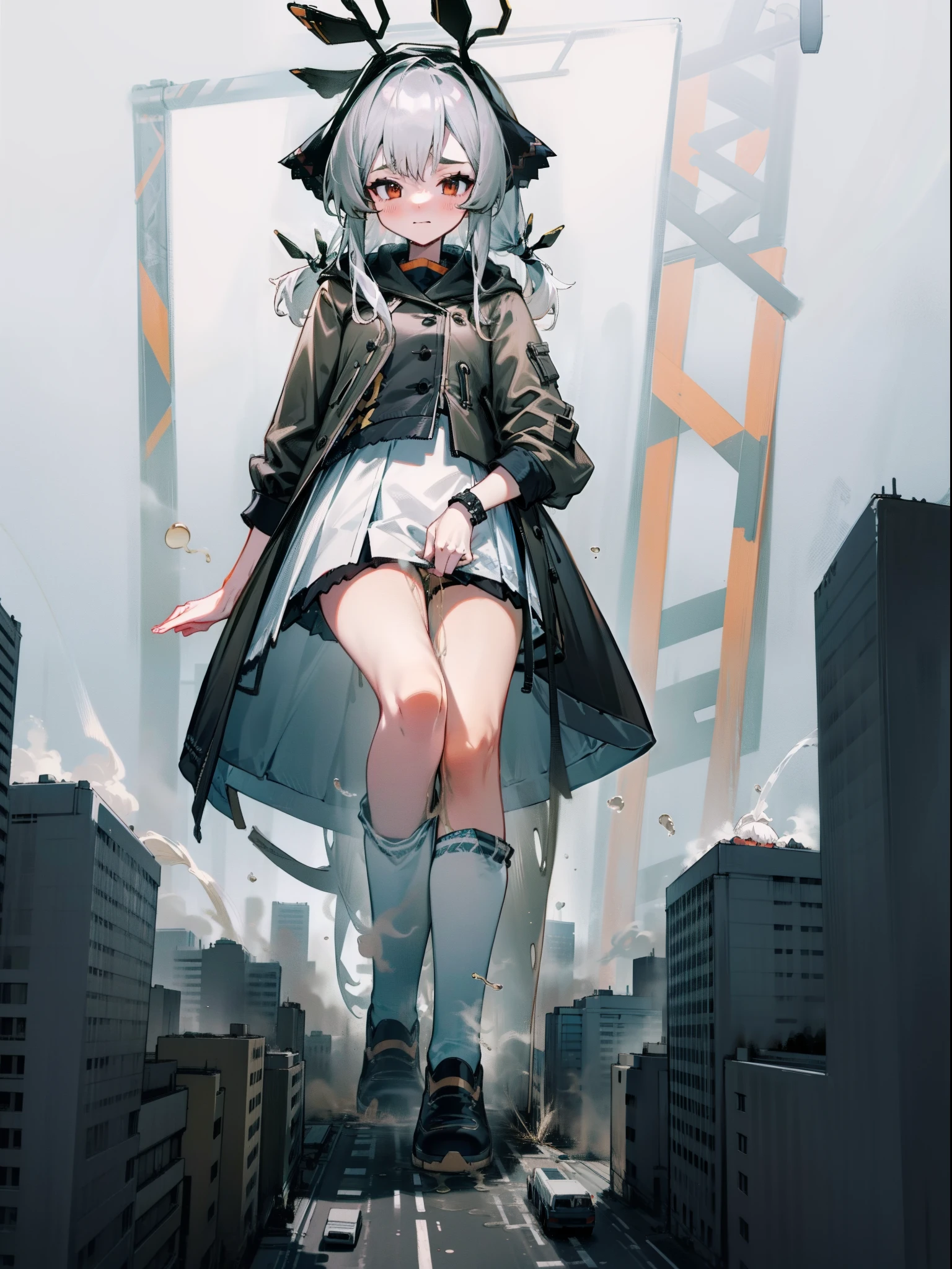 1girll，diaper，pissing，Be red in the face，Comfortable expression，Squat，urine squirting，{{{Giantess}}}，A giantess，10 meters tall girl，1girll，modern miniature city，The city was trampled by her，Squat in a modern miniature city ，Pee vigorously，Urine emits steam，White pile socks，crowd oroup fled in a hurry，