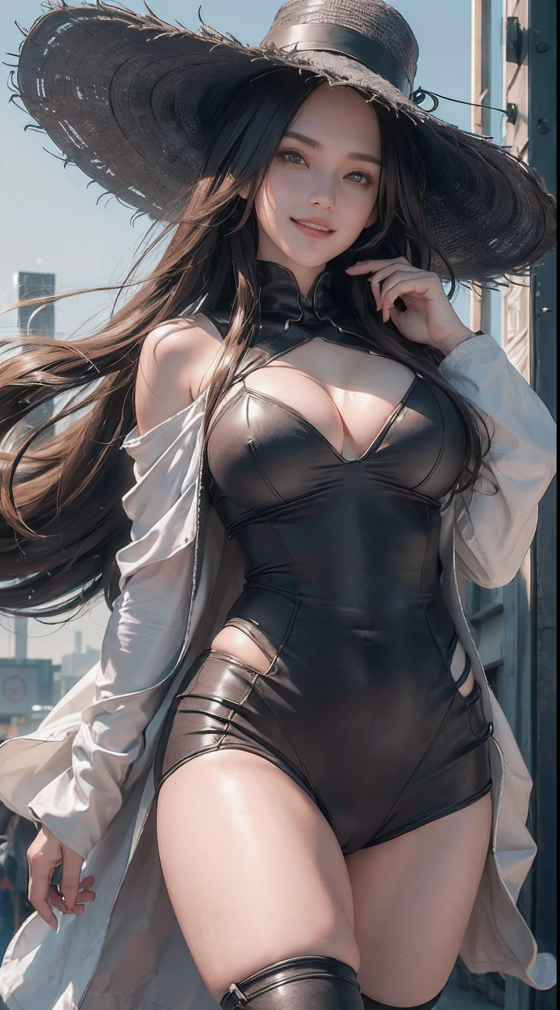 (1 beautiful girl)、(length hair)、cyberpunked、(Strong wind is blowing)、(Confident smile)、(Running Photos:1.5)、(Very gigantic-breasts)、(abnormally large breasts)、(30-years old)、(confident grin:1.2)、(Dark hair)、(Top image quality)、(8K picture quality)、(masutepiece)、(Full body photo)、(Pointy hat)、(White wizard-style robe)、Raw foto、(loose:1.5)、(droopy chest), Deep contrast, depth of fields, Under angle, cinematric light, Cinema Shadow, Sharp Image, Extremely detailed,、beautiful effects, Muted colors, Highly detailed image textures, detailed hairs, Detailed face, Detailed eyes、Highly detailed image textures, detailed hairs, Detailed eyes、(Photo from the knee up)