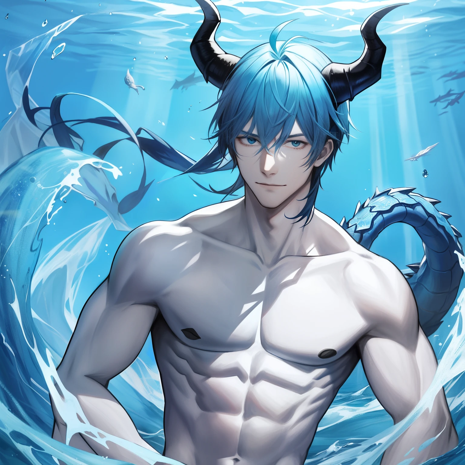 In the depths of the blue ocean, There is a handsome and beautiful man，It has a pair of dragon horns