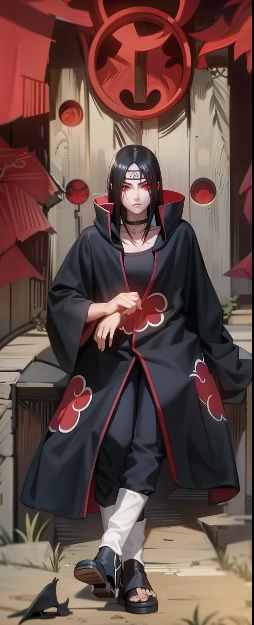 (masterpiece), (best quality), ultra high res, professional artwork, ultra detailed, intricate, detailed face, perfect lighting, 1girl, black hair, (red eyes, glowing eyes), AKATSUKI OUTFIT, ninja, black cloak, black coat, forehead protector, (collarbone), sidelocks , head, night, night sky, crescent moon, (red moon, crow), angry face, hand on own head , outdoors, (cowboy shot, far shot)