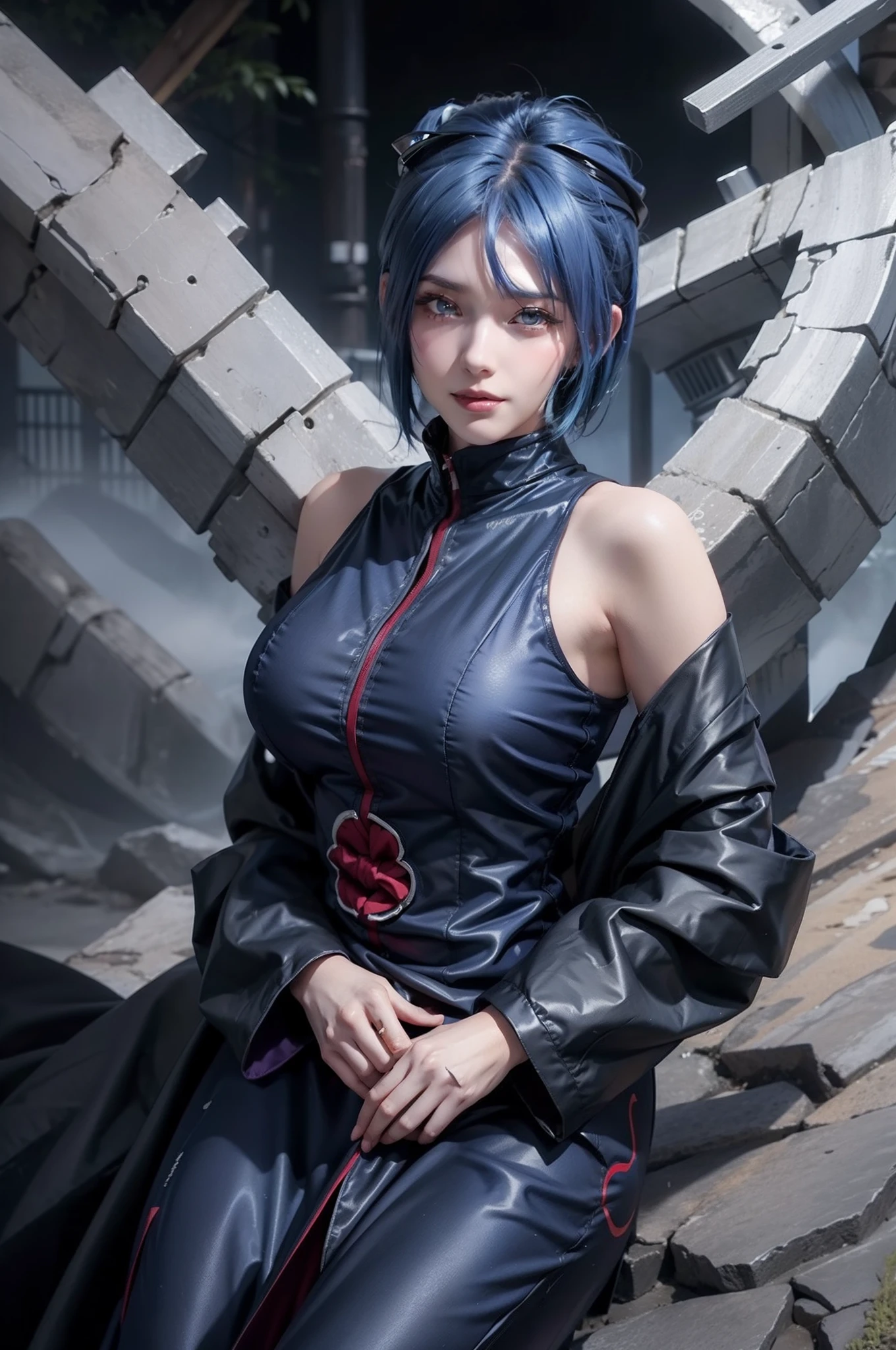 1girl, konan akatsuki in anime naruto, short hair, blue hair, yellow eyes, smile, beautiful, sexy dress, sexy clothes, black and red clothes, very big breast, realistic clothes, detail clothes, outdoor background, ultra detail, realistic