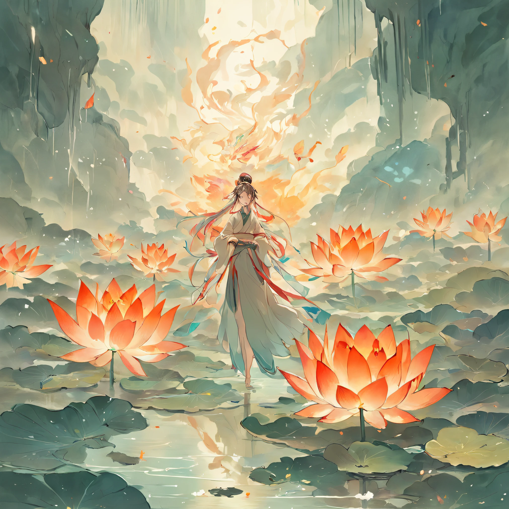 There is no pperson。。, large lotus leaf, lotuses, Ink painting style, Clean colors, Ink style, polluted, decisive cutting, White space, impressionistic, Masterpiece, Super detailed, Epic composition, High quality, Highest quality, Lotus fairy, Ancient style, Dunhuang Flying Sky,Red koi,gold fish