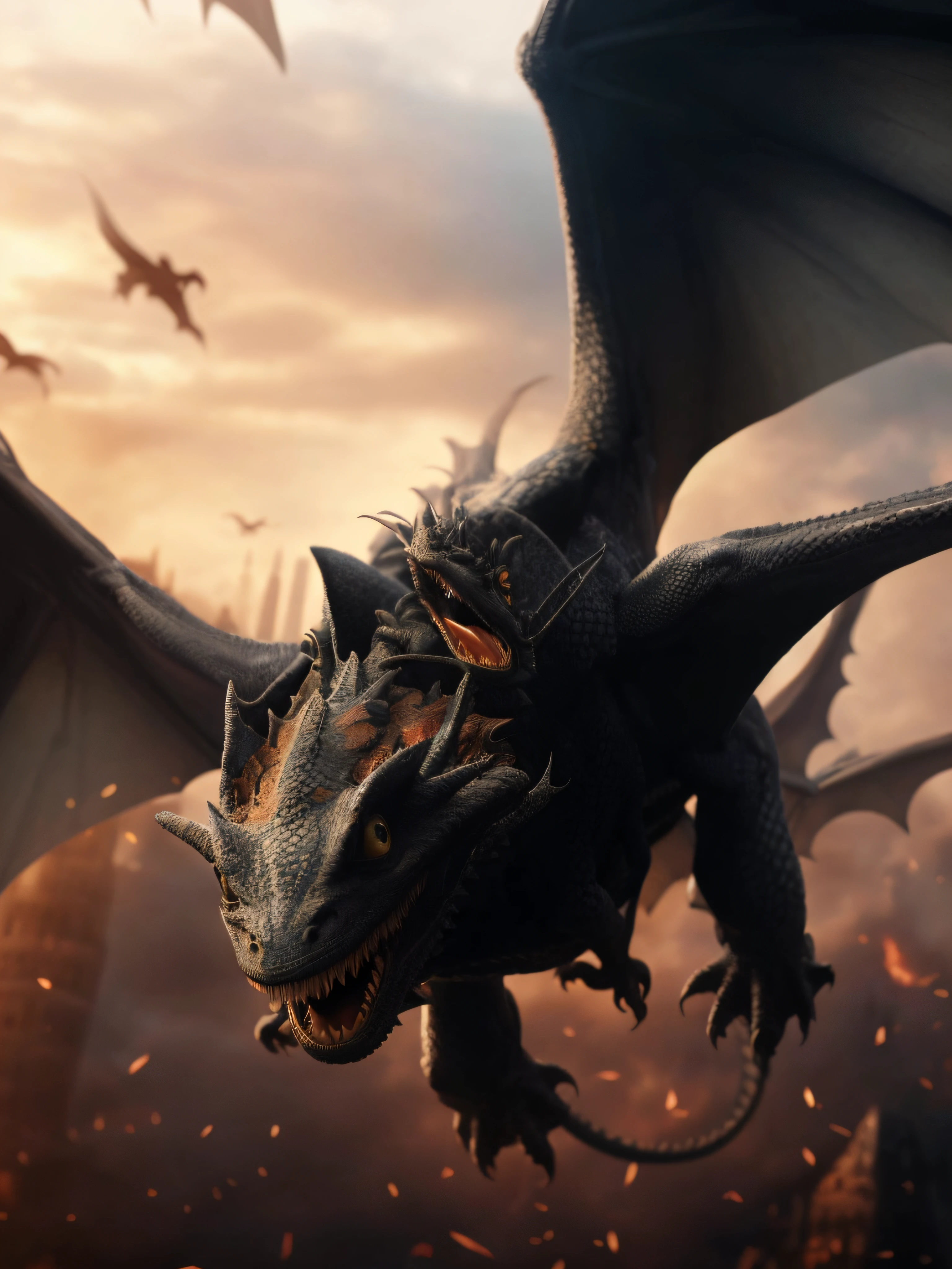 Arafard's dragon flew over the city,There are a lot of birds flying around, dragon flying in the background, drogon, weta disney movie still photo, Dragon in the background, charging through a dragons lair, giant dragon flying in the sky, Dragon Flying, epic dragon, dragons flying around, dragons flying in the sky, battle with dragon, wyvern