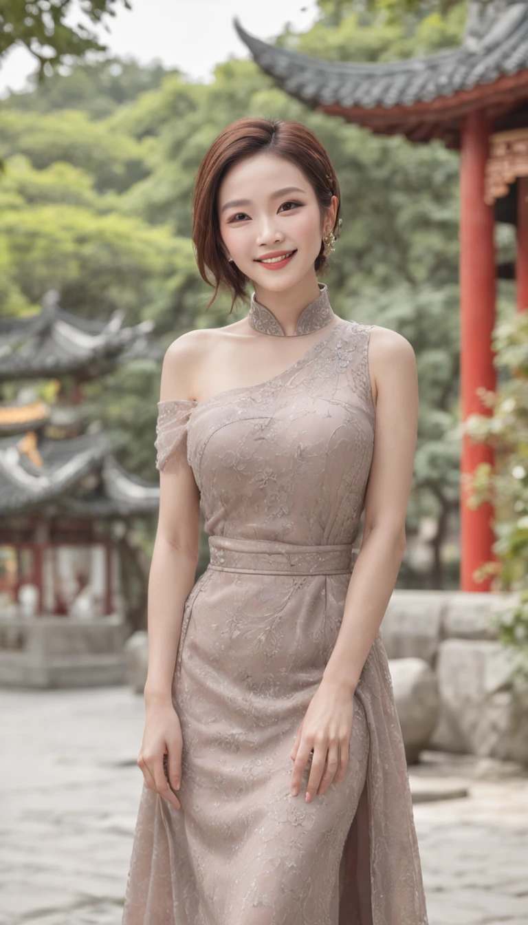 ((Aunt:0.5)、(Old face:0.5)、(((Not chest)))((Beautiful China is 40 years old、A smile、Laughing wrinkles、standing in road、In Chinese garden、Beautiful Chinese garden，Luxuriously decorated))、((Detailed Chinese garden background))(Slim body 1)(Very large breasts)(flabbiness)Gravure photography、Photo pose、(shining face、Sexy face、beautiful countenance)、Wrinkles at the corners of the eyes、Shorthair、full body shot oe 55，Married women、real looking skin、photoreali、Detailed picture、high-level image quality、、Accurate images、full body shot of