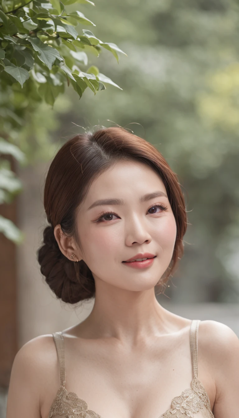 ((Aunt:0.5)、(Old face:0.5)、(((Not chest)))((Beautiful China is 40 years old、A smile、Laughing wrinkles、standing in road、In Chinese garden、Beautiful Chinese garden,Luxuriously decorated))、((Detailed Chinese garden background))(Slim body 1)(Very large breasts)(flabbiness)Gravure photography、Photo pose、(shining face、Sexy face、beautiful countenance)、Wrinkles at the corners of the eyes、Shorthair、full body shot oe 55,Married women、real looking skin、photoreali、Detailed picture、high-level image quality、、Accurate images、full body shot of