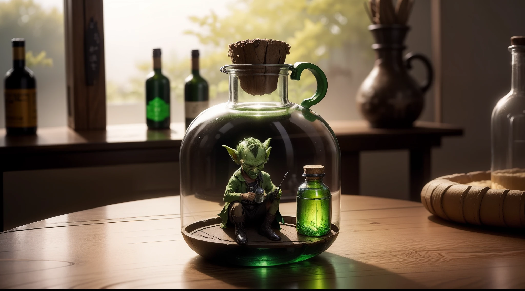 A tiny poor green goblin in a bottle。Bottle on the table。tmasterpiece。best qualtiy。