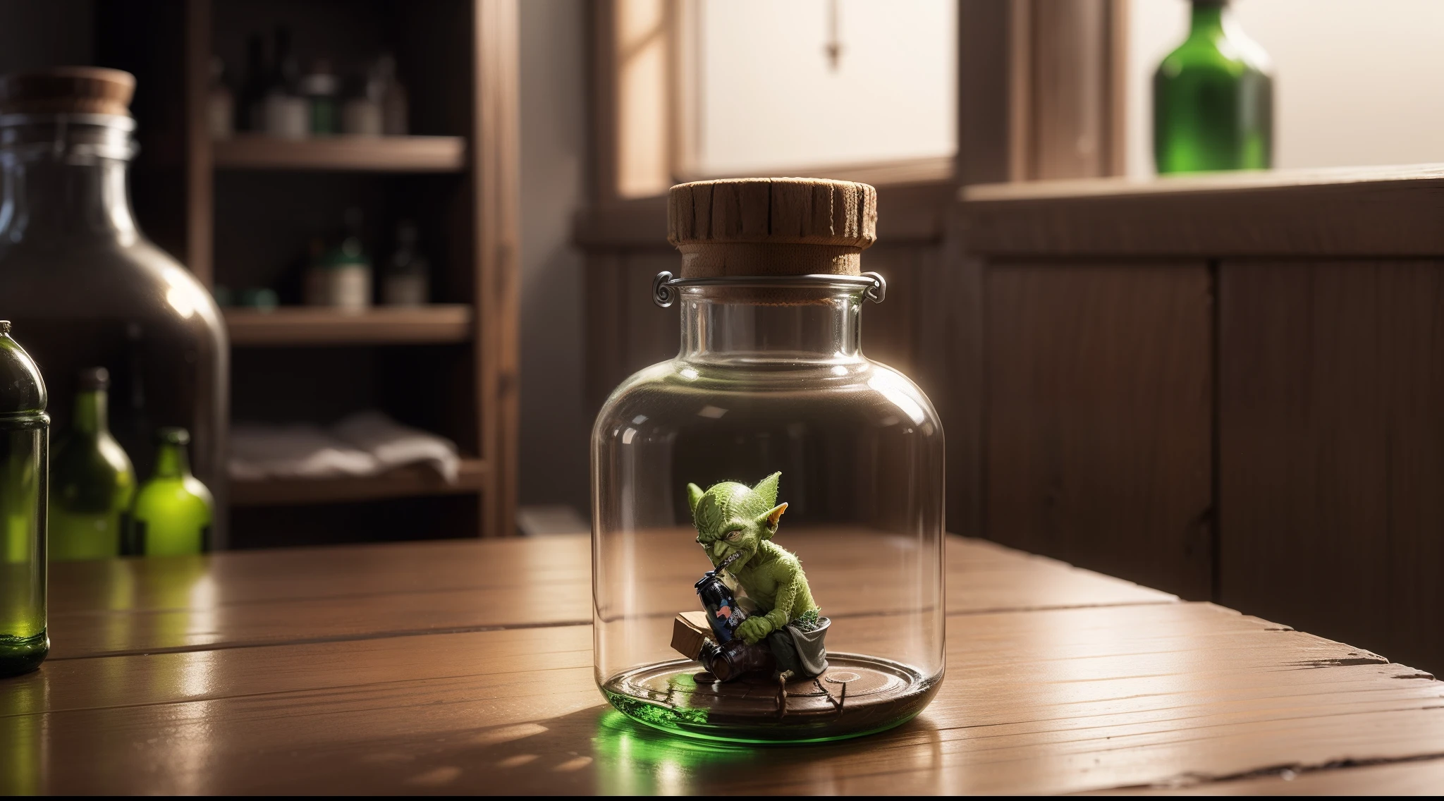 A tiny poor green goblin in a bottle。Bottle on the table。tmasterpiece。best qualtiy。