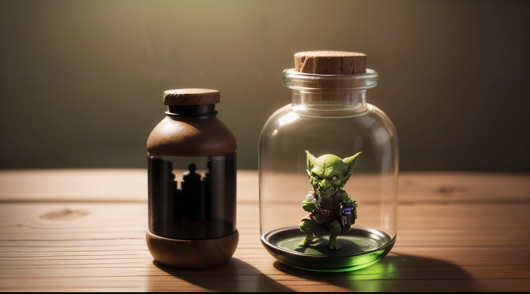 A tiny poor green goblin in a bottle。Bottle on the table。tmasterpiece。best qualtiy。