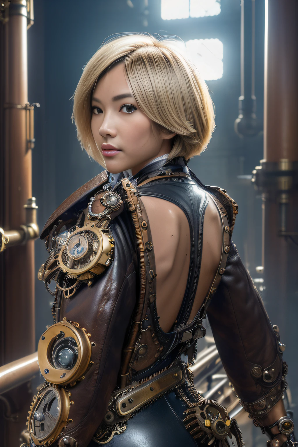 (masterpiece, top-quality:1.3), (Ultra detailed 8K cg:1.2), (hyper realisitic:1.35), (Photorealistic:1.45), (Realistic:1.4), 1 beautiful Japanese girl, (a blond:1.2), (Very short hair:1.2), (Tanned skin:1.5), Black Gal, flat chest, (gal make:1.3), (Looking back), Dynamic lighting, Cinematic Angle, (steampunk attire:1.3), leather jacket, gear accessories, (Steampunk town:1.5), Steam town, (action:1.5),