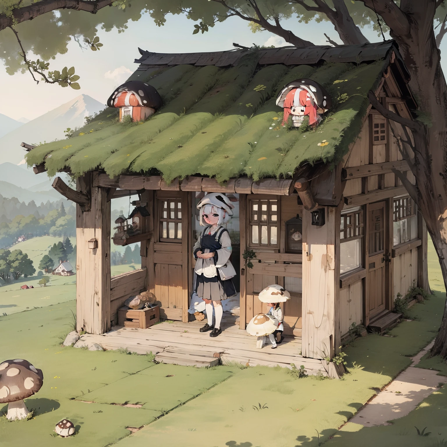 Huge mushrooms,houses in the shape of mushrooms,one-girl,Loli,elementary student,独奏, (with short white hair:1.2),