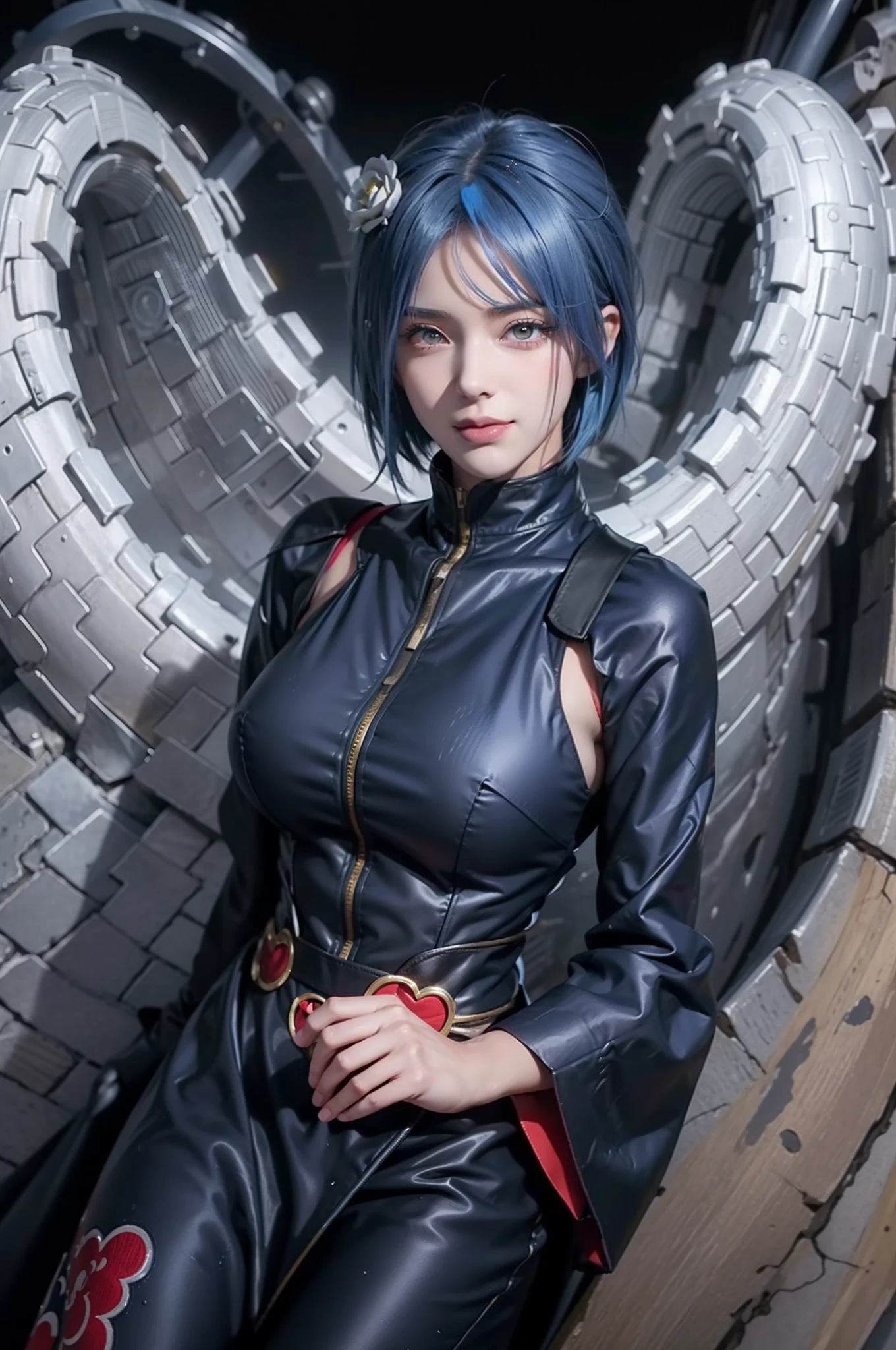 1girl, konan akatsuki in anime naruto, short hair, blue hair, yellow eyes, smile, beautiful, sexy dress, sexy clothes, black and red clothes, very big breast, realistic clothes, detail clothes, outdoor background, ultra detail, realistic