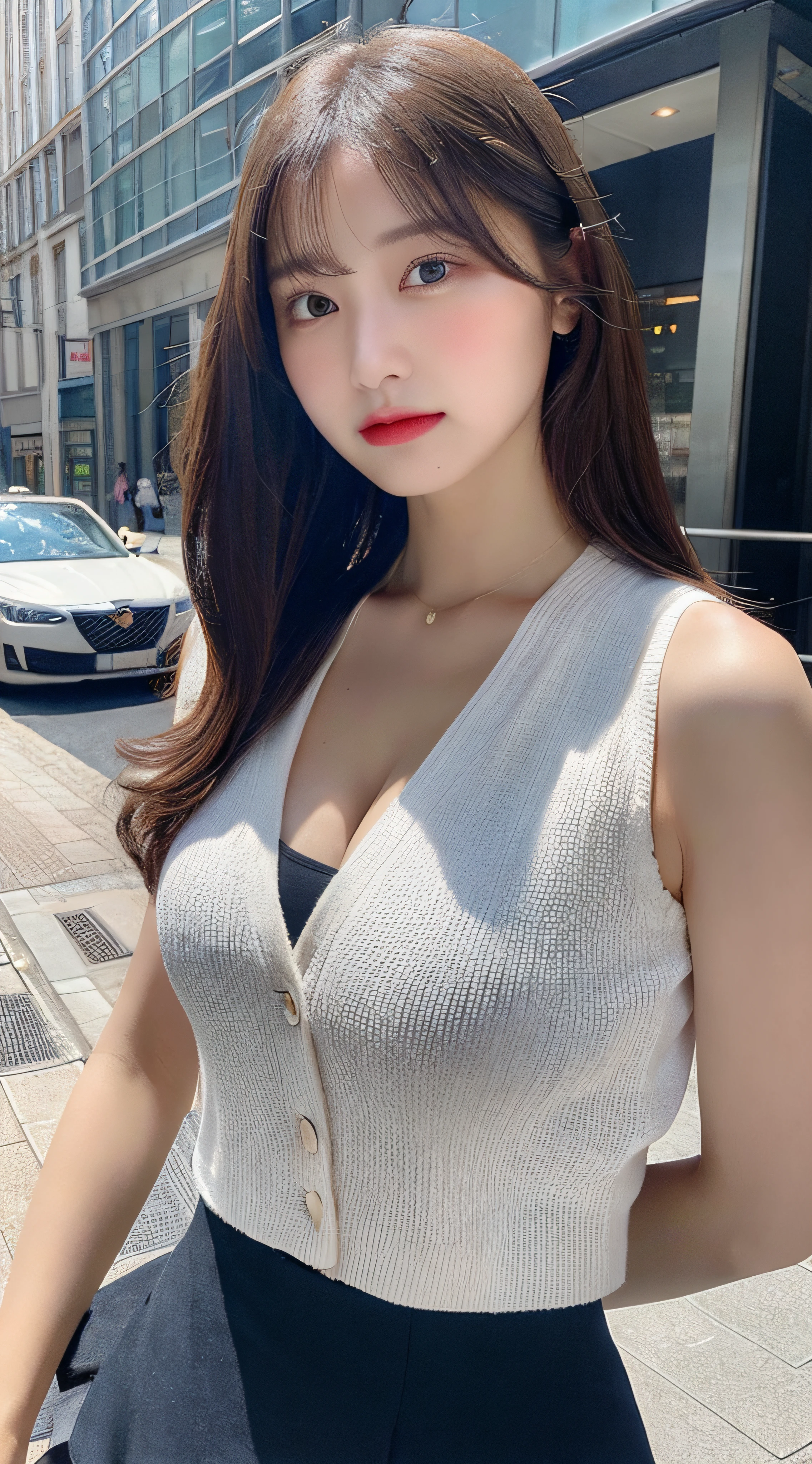 (Realistic, high resolution:1.3), 1 girl with perfect figure, Super fine face and eyes, Long hair, vests: 1.Two random colors, Short skirt, the city street, Big breasts, Exposed cleavage