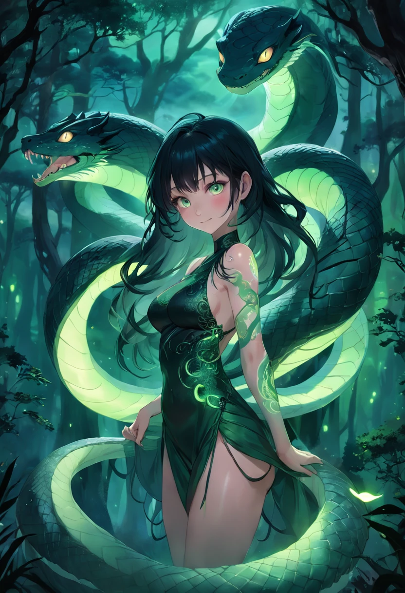 1 girl, Snake body, captivatinggaze, Silky black hair, scales, Glowing tattoos, Green eyes, Seductive smile, mystical aura, Serpentine forest background, Moonlit Night, Swirling mist, Ethereal beauty, fantastical creature, surreal atmosphere, Enchantment, mesmerizing charm, Magical power