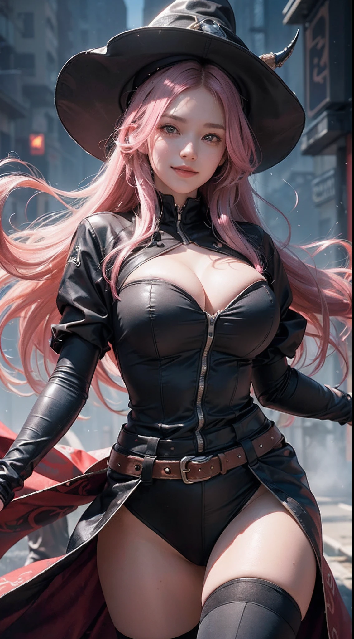 (1 beautiful girl)、(long hair of pink color)、cyberpunked、(Strong wind is blowing)、(Confident smile)、(Running Photos:1.5)、(Very gigantic-breasts)、(abnormally large breasts)、(30-years old)、(confident grin:1.2)、(Dark hair)、(Top image quality)、(8K picture quality)、(masutepiece)、(Full body photo)、(Pointy hat)、(Wizard Fluffy Robe)、Raw foto、(loose:1.5)、(droopy chest), Deep contrast, depth of fields, Under angle, cinematric light, Cinema Shadow, Sharp Image, Extremely detailed,、beautiful effects, Muted colors, Highly detailed image textures, detailed hairs, Detailed face, Detailed eyes、Highly detailed image textures, detailed hairs, Detailed eyes、(Photo from the knee up)