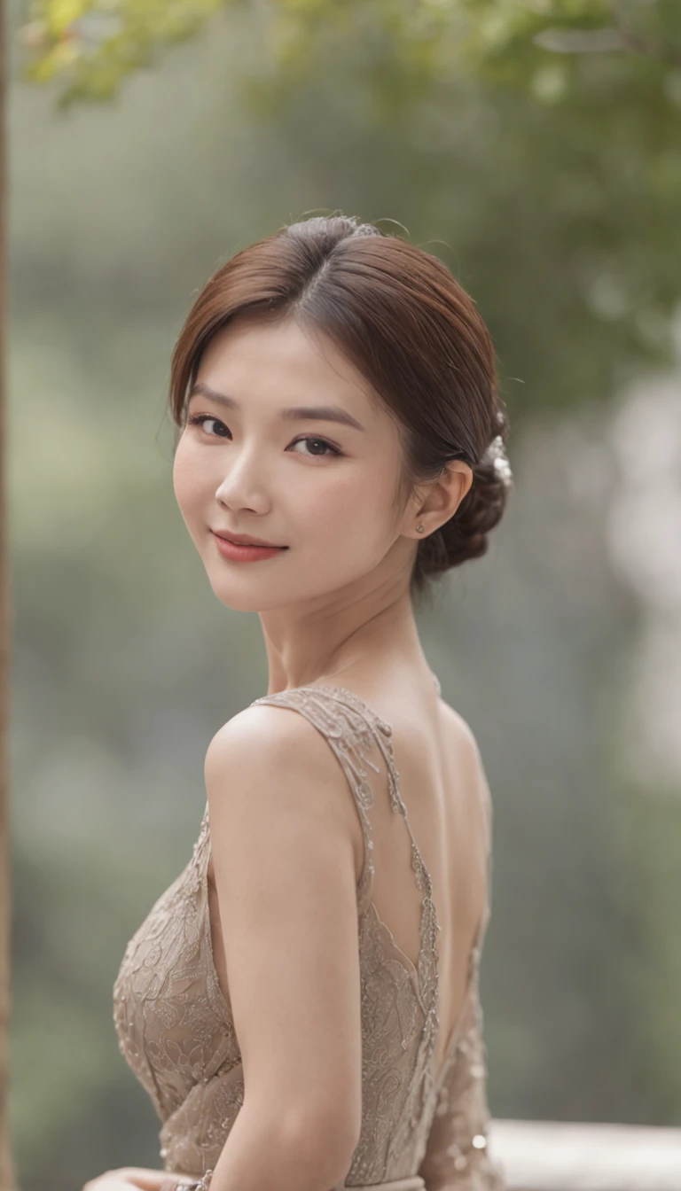 ((Aunt:0.5)、(Old face:0.5)、(((Not chest)))((Beautiful China 45 years old、A smile、Laughing wrinkles、standing in road、In Chinese garden、Beautiful Chinese garden，Luxuriously decorated))、((Detailed Chinese garden background))(Slim body 1)(Very large breasts)(flabbiness)Gravure photography、Photo pose、(shining face、Sexy face、beautiful countenance)、Wrinkles at the corners of the eyes、Shorthair、full body shot of、45 yers old，Married women、real looking skin、photoreali、Detailed picture、high-level image quality、、Accurate images、full body shot of