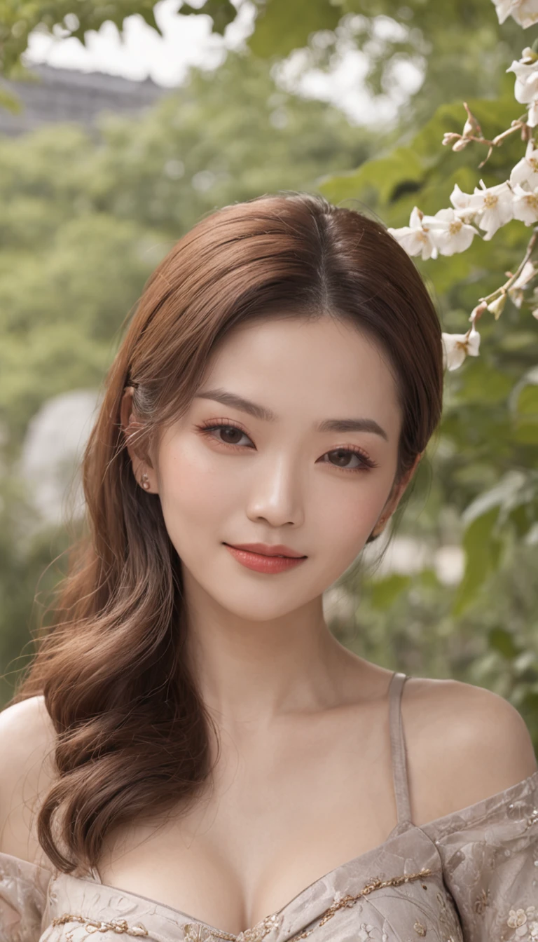 ((Aunt:0.5)、(Old face:0.5)、(((Not chest)))((Beautiful China 45 years old、A smile、Laughing wrinkles、standing in road、In Chinese garden、Beautiful Chinese garden，Luxuriously decorated))、((Detailed Chinese garden background))(Slim body 1)(Very large breasts)(flabbiness)Gravure photography、Photo pose、(shining face、Sexy face、beautiful countenance)、Wrinkles at the corners of the eyes、Shorthair、full body shot of、45 yers old，Married women、real looking skin、photoreali、Detailed picture、high-level image quality、、Accurate images、full body shot of