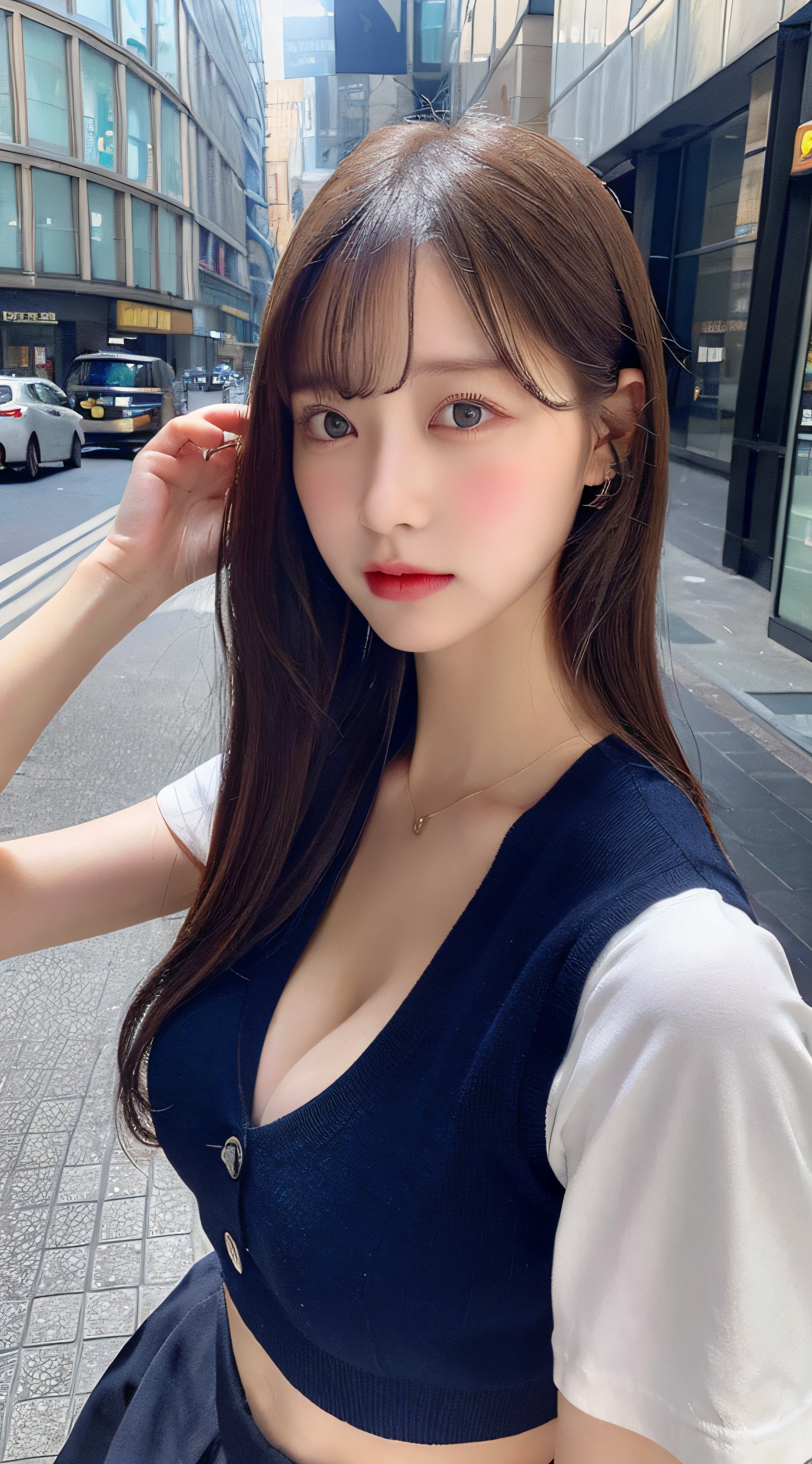 (Realistic, high resolution:1.3), 1 girl with perfect figure, Super fine face and eyes, Long hair, vests: 1.Two random colors, Short skirt, the city street, Big breasts, Exposed cleavage