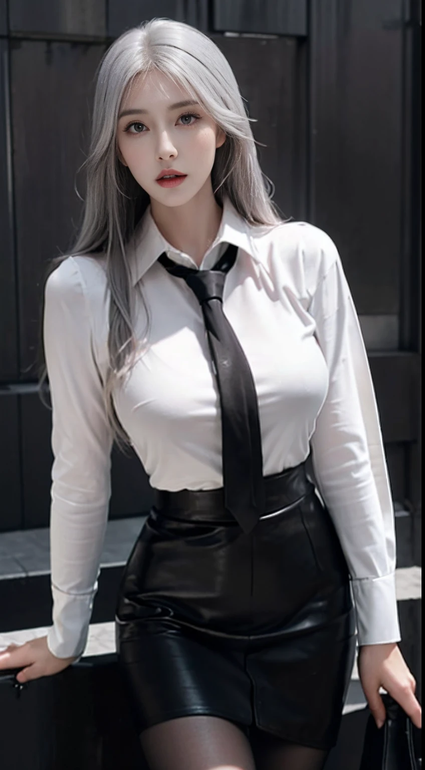 Photorealistic, high resolution, 1 Women, Solo, Hips up, Beautiful eyes, Close lips, Detailed face, White hair, Long hair, Collared shirt, black necktie,Black skirt, pencil skirts, (Close-fitting leather clothing), Black stockings