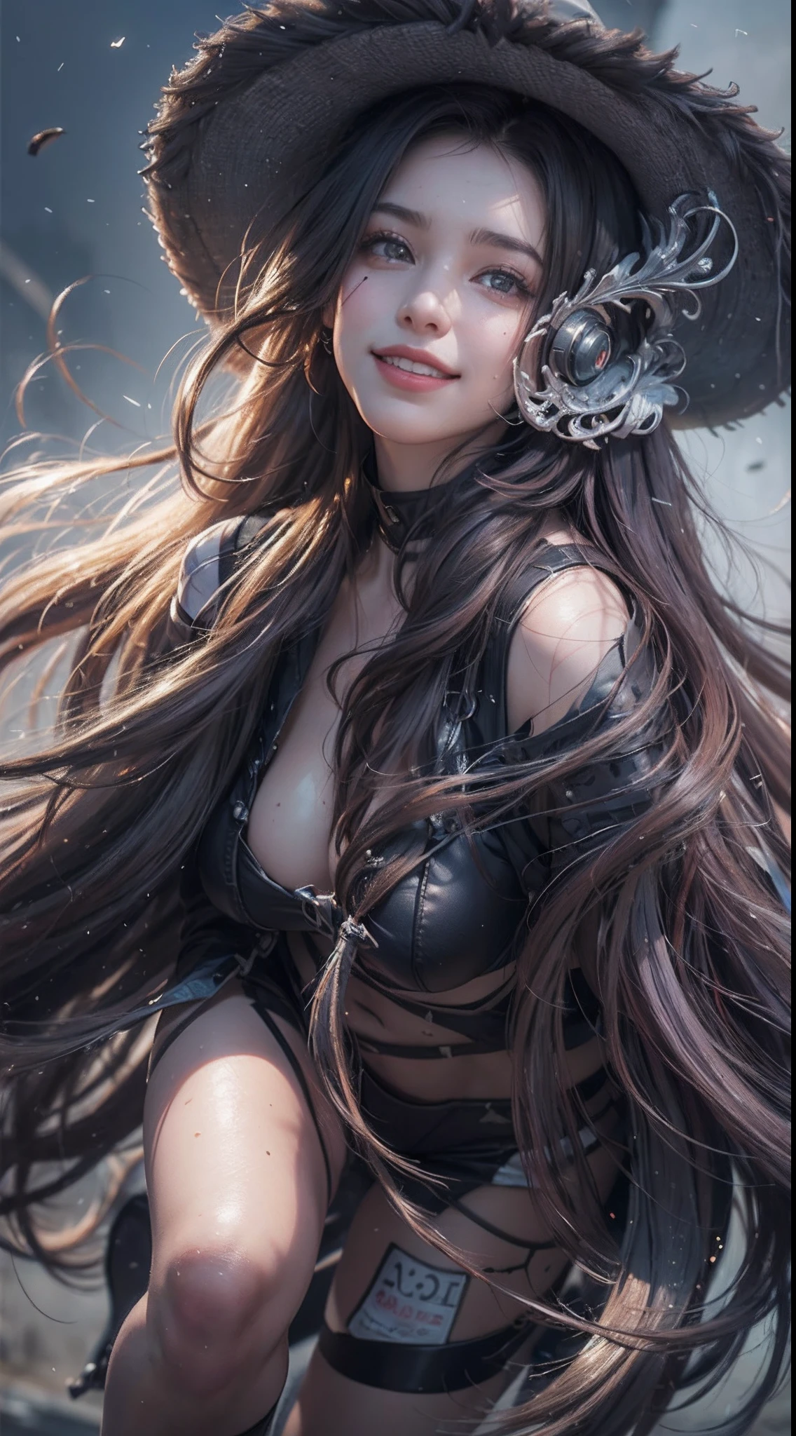 (1 beautiful girl)、(length hair)、cyberpunked、(Strong wind is blowing)、(Confident smile)、(Running Photos:1.5)、(Very gigantic-breasts)、(abnormally large breasts)、(30-years old)、(confident grin:1.2)、(Dark hair)、(Top image quality)、(8K picture quality)、(masutepiece)、(Full body photo)、(Pointy hat)、(Wizard fluffy robe)、Raw foto、(loose:1.5)、(droopy chest), Deep contrast, depth of fields, Under angle, cinematric light, Cinema Shadow, Sharp Image, Extremely detailed,、beautiful effects, Muted colors, Highly detailed image textures, detailed hairs, Detailed face, Detailed eyes、Highly detailed image textures, detailed hairs, Detailed eyes、(Photo from the knee up)