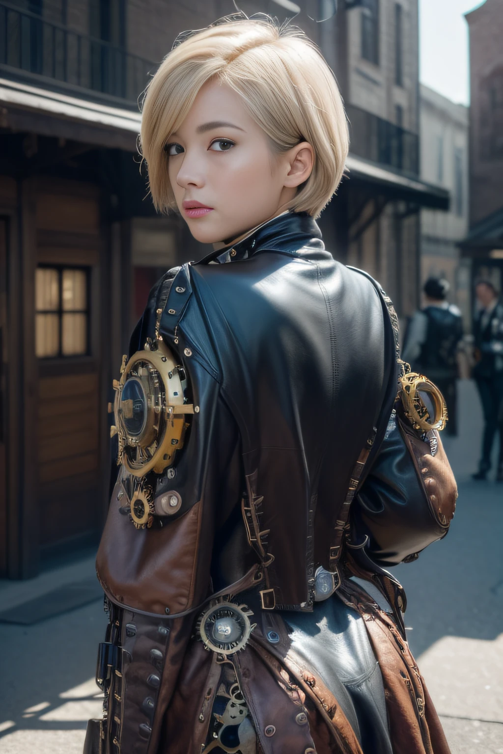 (masterpiece, top-quality:1.3), (Ultra detailed 8K cg:1.2), (hyper realisitic:1.35), (Photorealistic:1.45), (Realistic:1.4), 1 beautiful Japanese girl, (a blond:1.2), (Very short hair:1.2), (Tanned skin:1.5), Black Gal, flat chest, (gal make:1.3), (Looking back), Dynamic lighting, Cinematic Angle, (steampunk attire:1.3), leather jacket, gear accessories, (Steampunk town:1.5), Steam town, (action:1.5), nsfw,