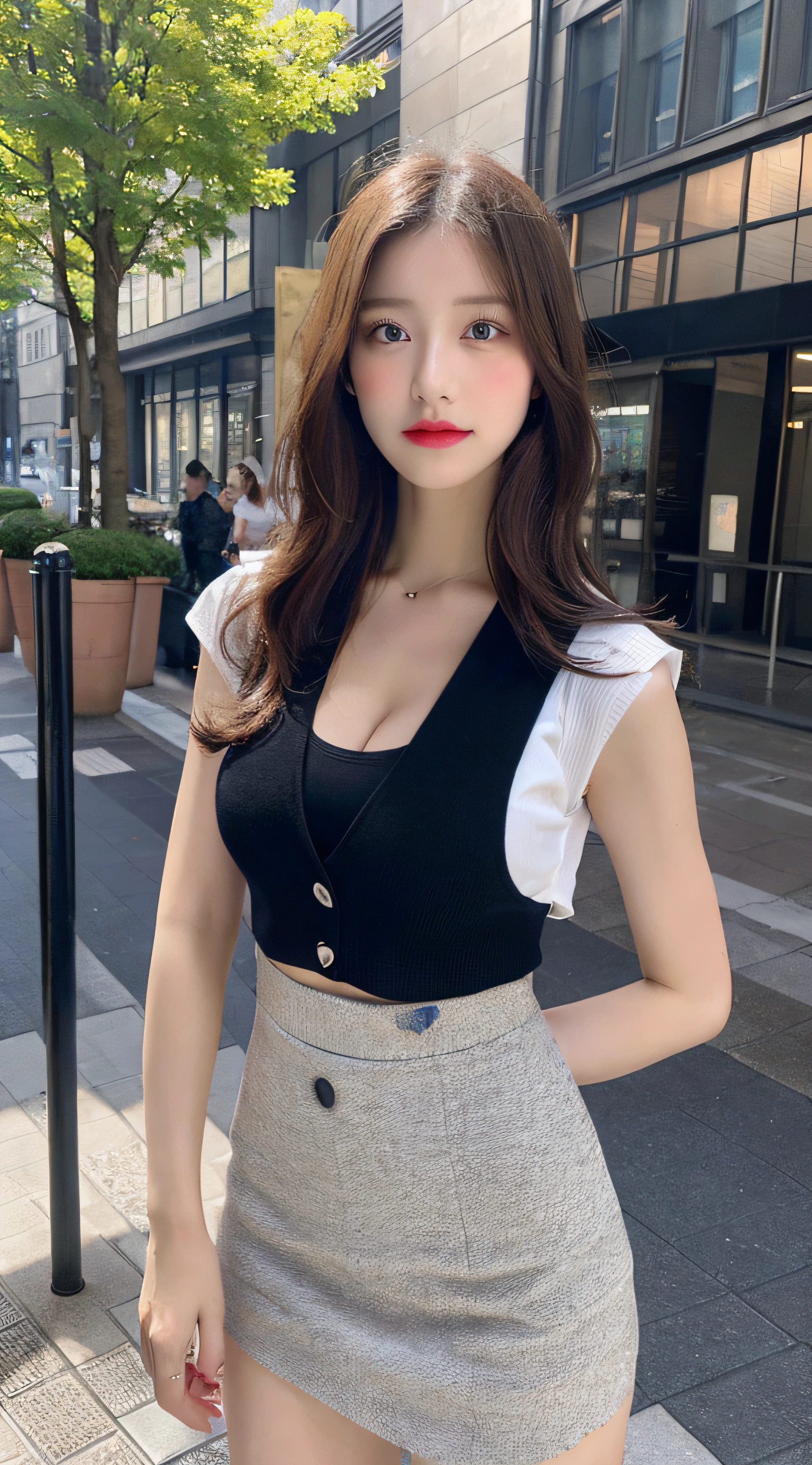 Highest quality, masterpiece, 8K, Ultra-high resolution, (Photorealistic:1.4), 1 Girl、Beautiful expression、Symmetrical eyes、Big Breasts、Perfect Body Proportions、Female police officer、Unbutton the chest、Looking at the audience、(City Street:1.2)、Long legs(1.3)、mini skirt