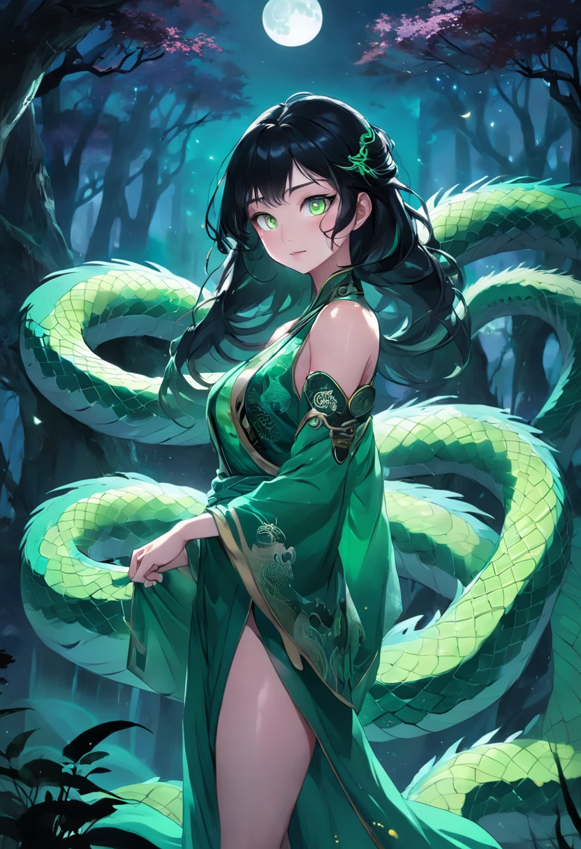 1 girl, Snake body, captivatinggaze, Silky black hair, scales, Glowing tattoos, Green eyes, Seductive smile, mystical aura, Serpentine forest background, Moonlit Night, Swirling mist, Ethereal beauty, fantastical creature, surreal atmosphere, Enchantment, mesmerizing charm, Magical power,Chinese folk supernatural comic style