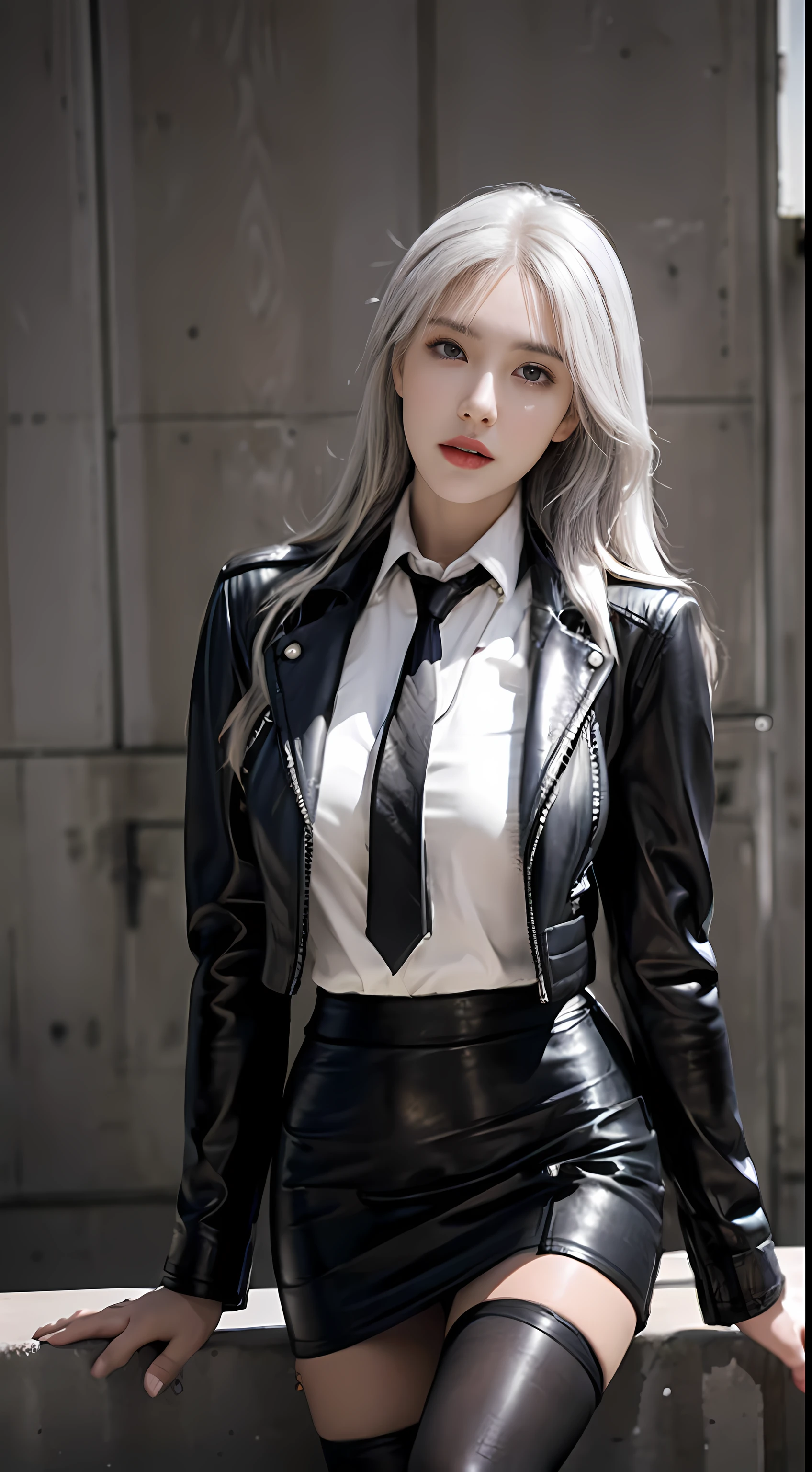 Photorealistic, high resolution, 1 Women, Solo, Waist up, Beautiful eyes, Close lips, Detailed face, White hair, Long hair, Collared shirt, black necktie,Black skirt, pencil skirts, ((Tight cropped leather jacket)), Stockings