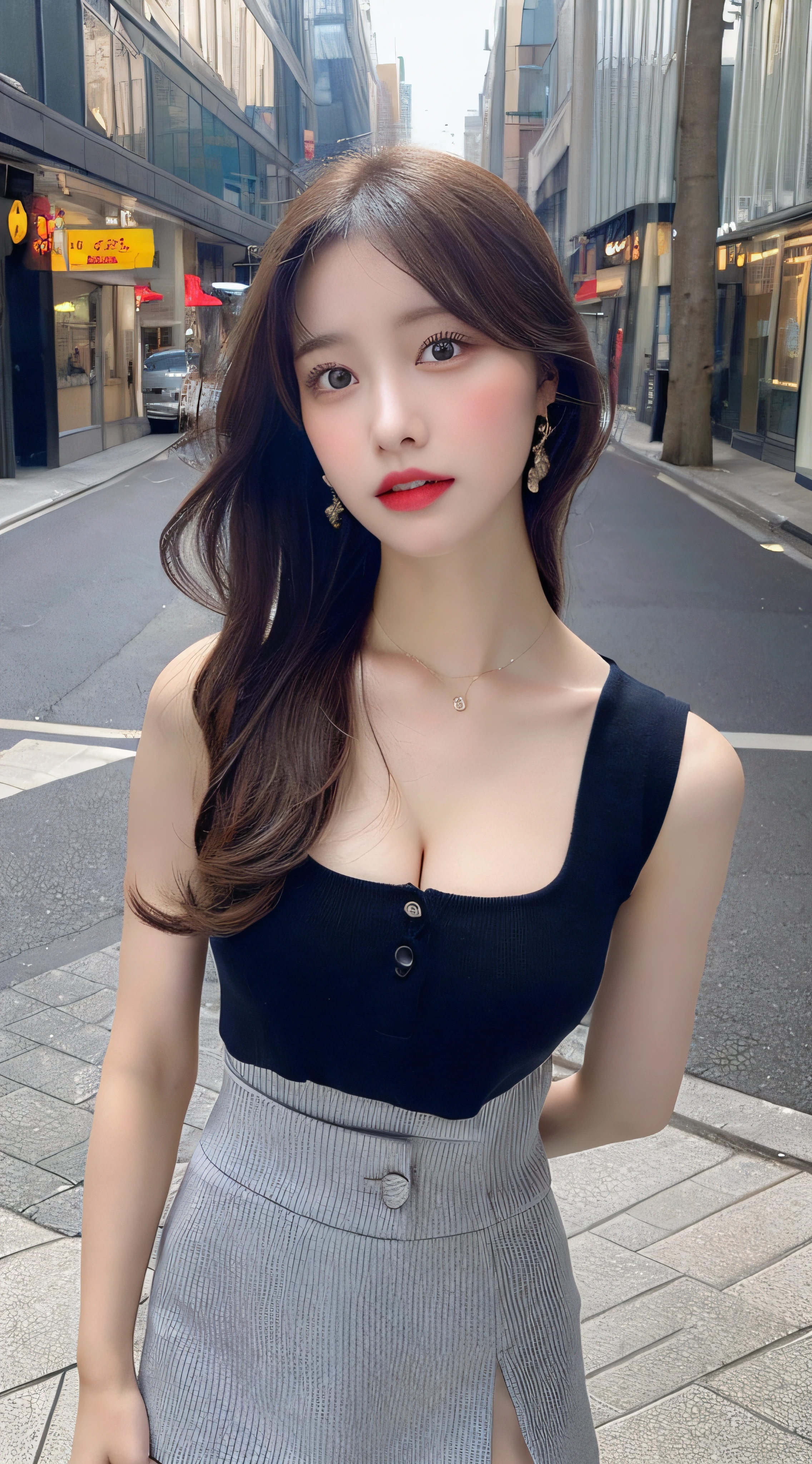 (Realistic, high resolution:1.3), 1 girl with perfect figure, Super fine face and eyes, Long hair, vests: 1.Two random colors, Short skirt, the city street, Big breasts, Exposed cleavage,Long legs,high-heels,Full body photo