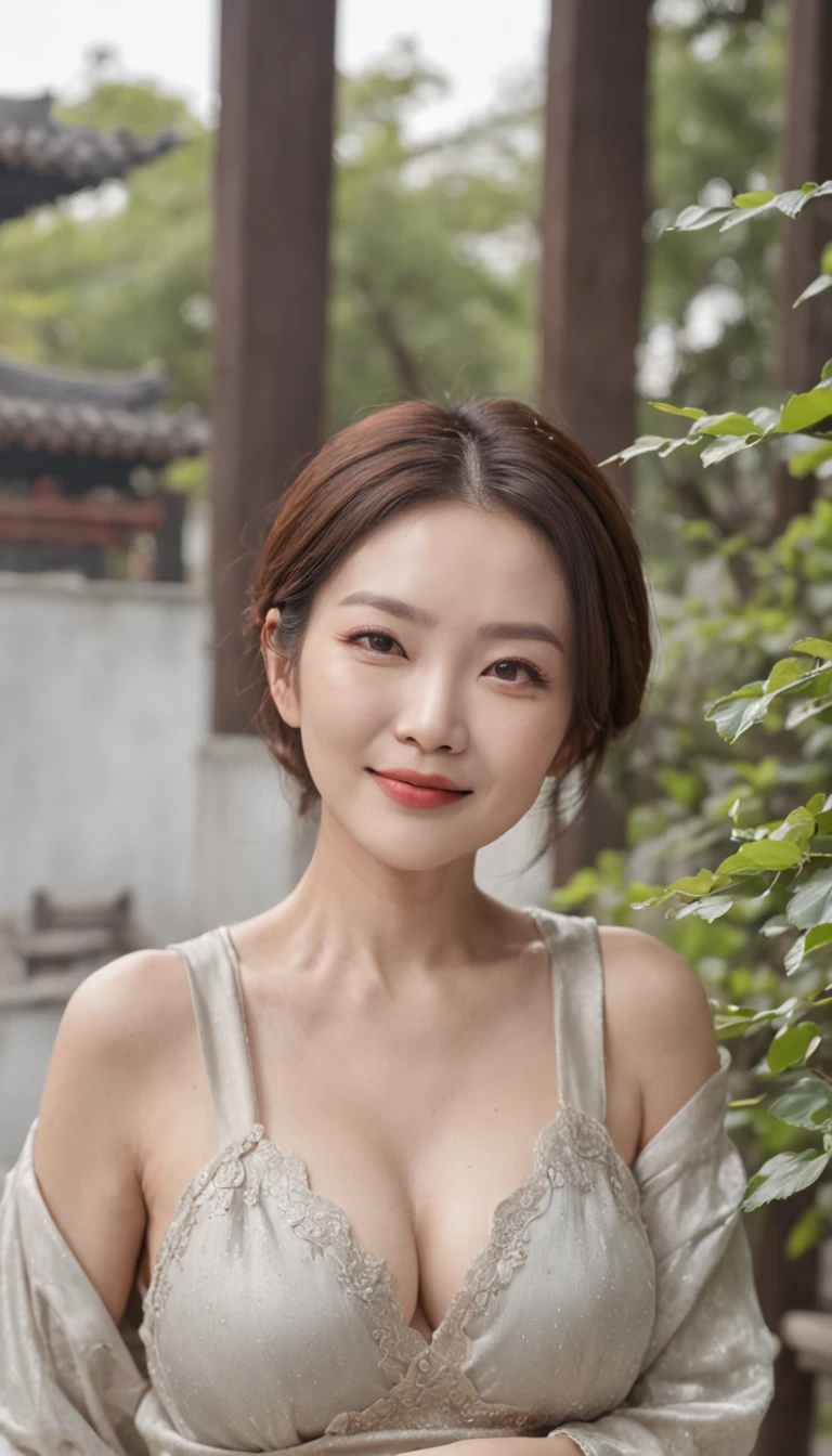 ((Aunt:0.5)、(Old face:0.5)、(((Not barechest)))((Beautiful China 55 years old、A smile、Laughing wrinkles、standing in road、In Chinese garden、Beautiful Chinese garden，Luxuriously decorated))、((Detailed Chinese garden background))(Slim body 1)(Very large breasts)(flabbiness)Gravure photography、Photo pose、(shining face、The expression loved，The butt is very big)、Wrinkles at the corners of the eyes、Shorthair、full body shot oe 55，Married women、real looking skin、photoreali、Detailed picture、high-level image quality、、Accurate images、full body shot of