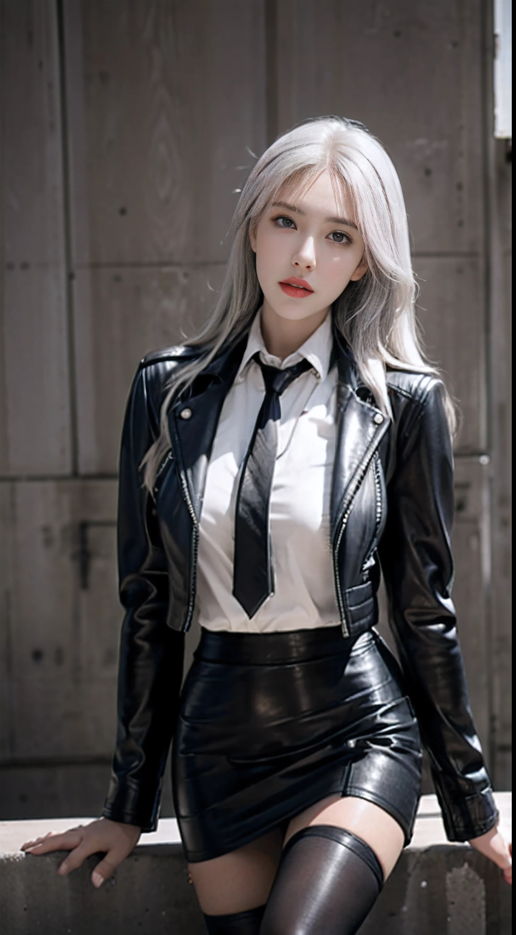 Photorealistic, high resolution, 1 Women, Solo, Hips up, Beautiful eyes, Close lips, Detailed face, White hair, Long hair, Collared shirt, black necktie,Black skirt, pencil skirts, ((Tight leather jacket)), Black stockings