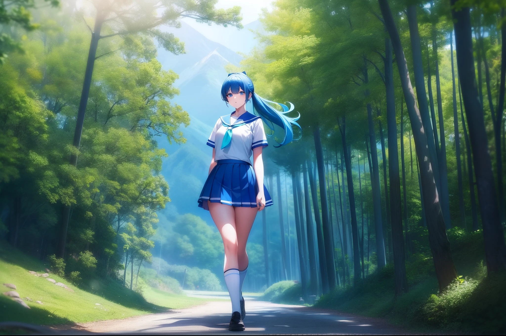 girls，Long blue single ponytail hair，Turquoise blue eyes，White JK uniform，Short top，Short blue skirt，exposing thighs，White shoes，Deep in the mountains，In the forest。