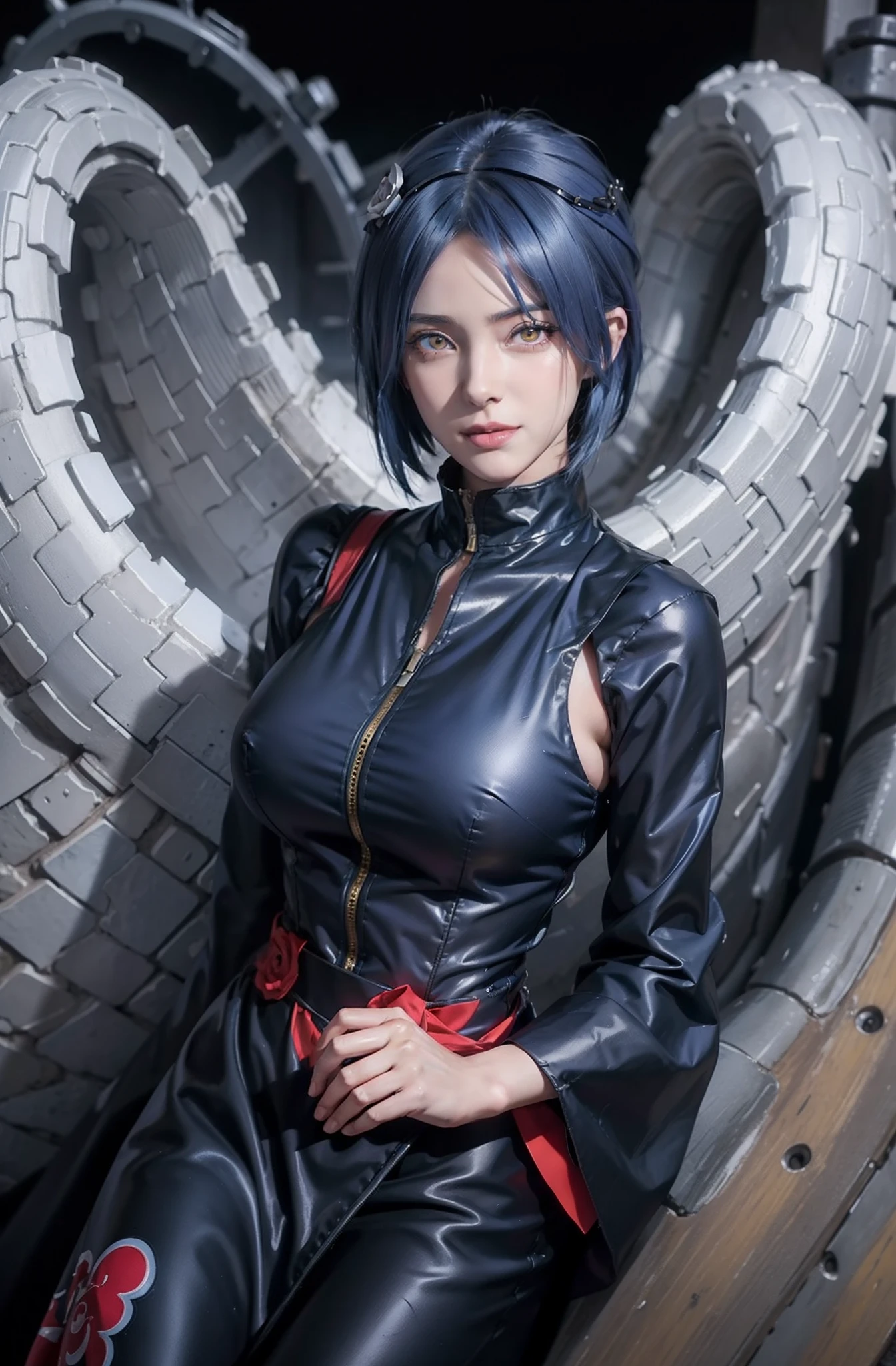 1girl, konan akatsuki in anime naruto, short hair, blue hair, yellow eyes, smile, beautiful, sexy dress, sexy clothes, black and red clothes, very big breast, realistic clothes, detail clothes, outdoor background, ultra detail, realistic
