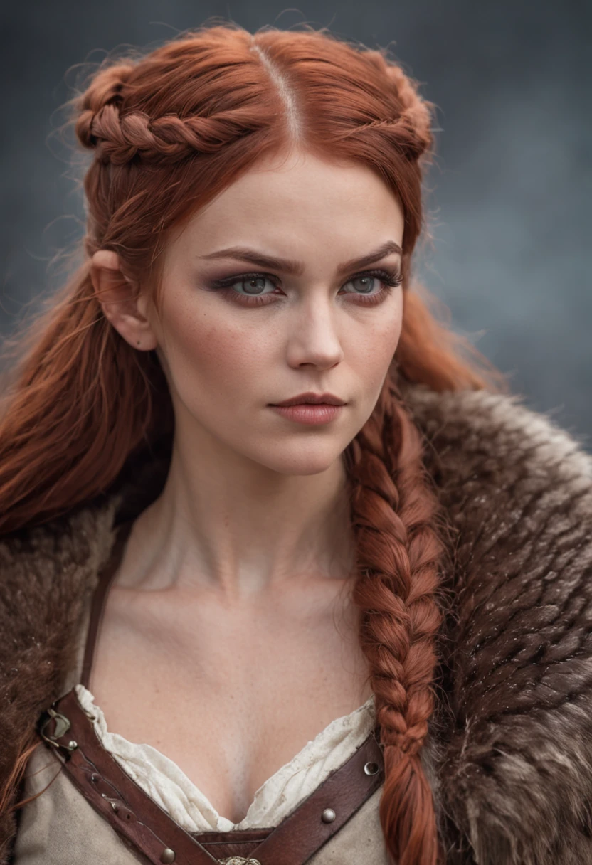 (Viking woman:1.2),(war paint on face),(green eyes:1.1),(muscular),(fur coat),(fur skirt),(pants),(red brown hair color:0.9),(Viking hairstyle),(loose hair with french braid top),(leather strap top)