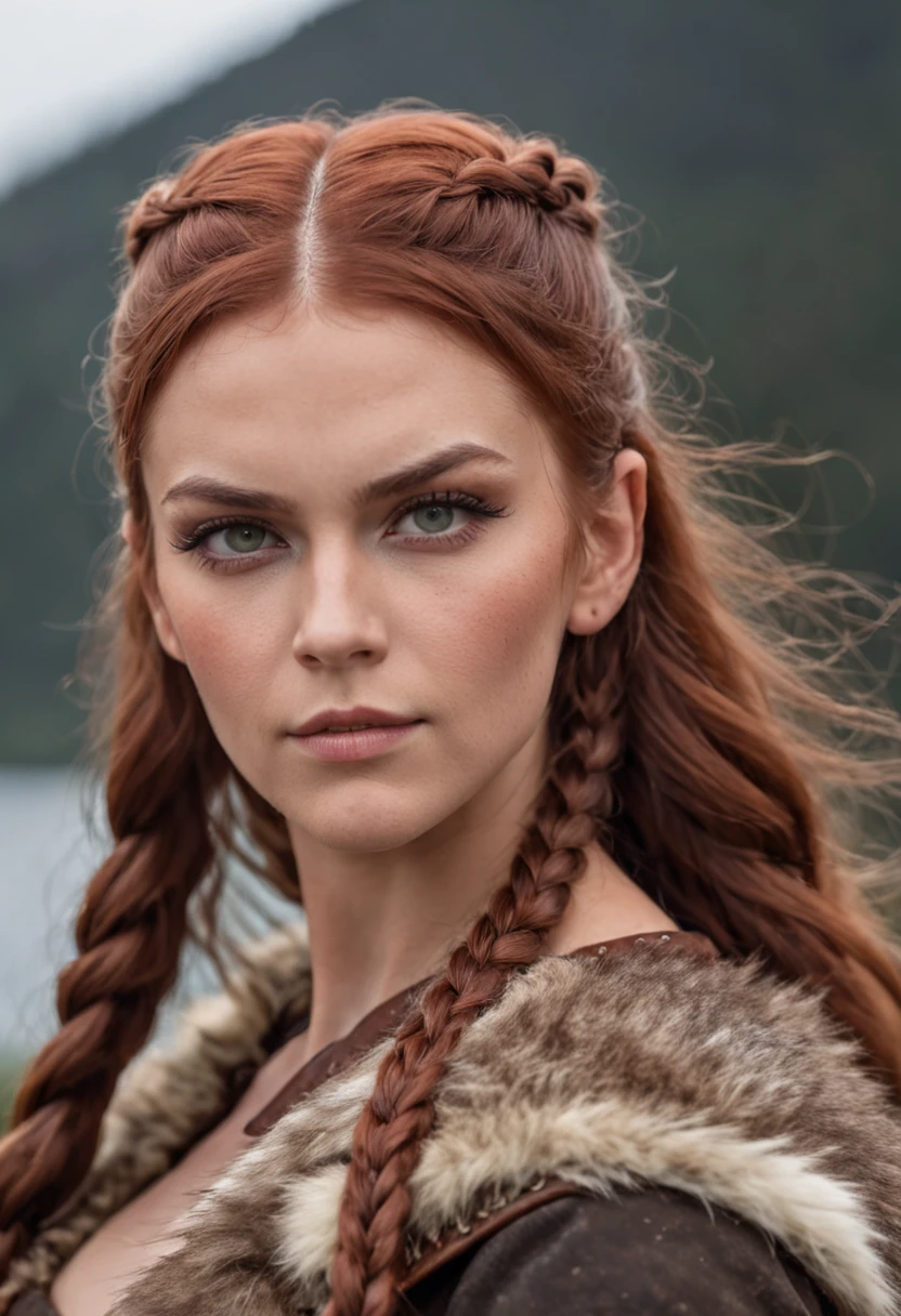 (Viking woman:1.2),(war paint on face),(green eyes:1.1),(muscular),(fur coat),(fur skirt),(pants),(red brown hair color:0.9),(Viking hairstyle),(loose hair with french braid top),(leather strap top)