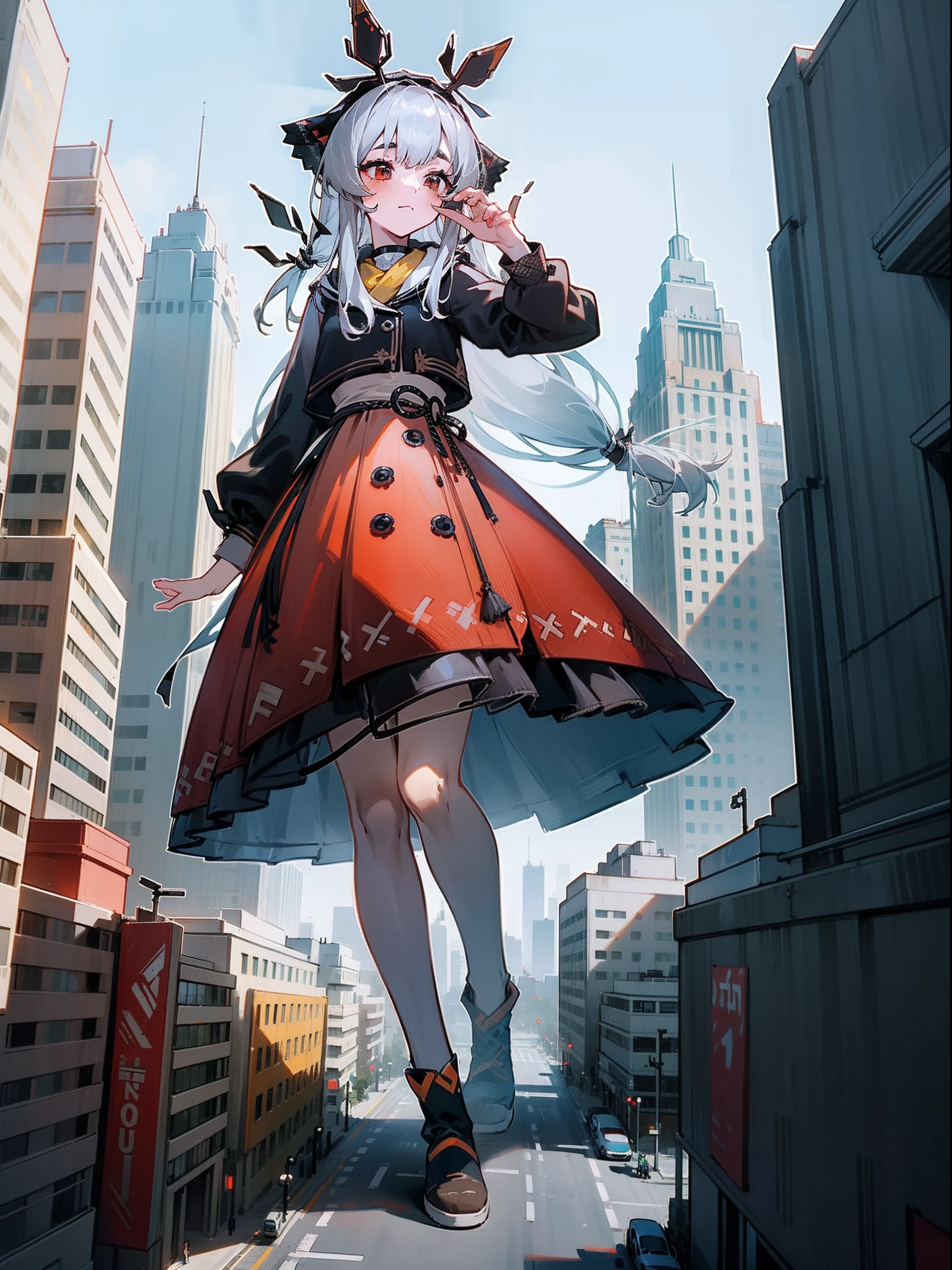 1girll,Be red in the face,Comfortable expression,walk,{{{Giantess}}},A giantess,10 meters tall girl,1girll,modern miniature city,The city was trampled by her,Walk in modern miniature cities ,The crowd fled in a hurry,Cat's paw gesture,