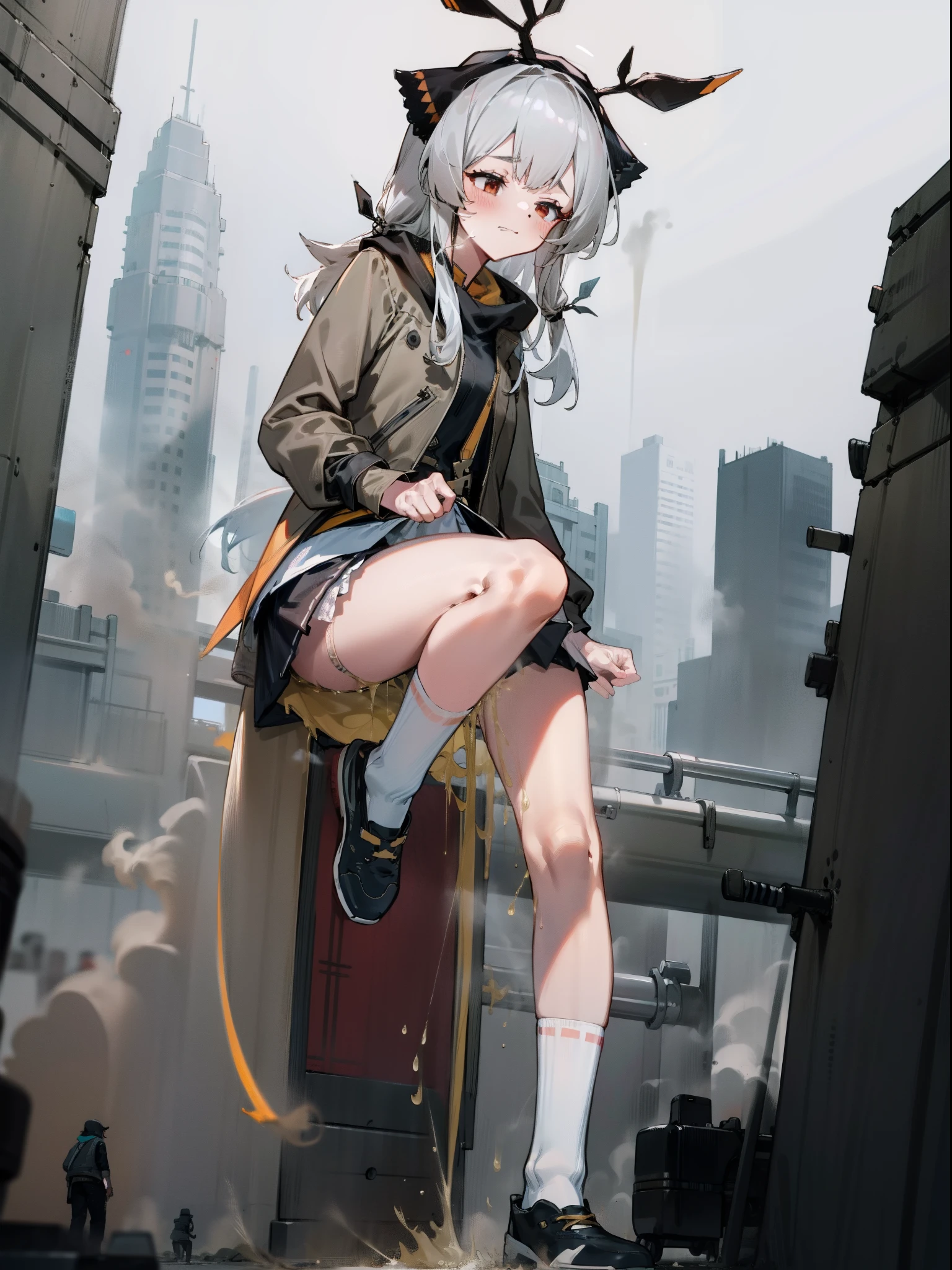 NSFW,Clouds, view over city, Masterpiece, Best quality, Highly detailed,Masterpiece,Best quality,offcial art,Extremely detailed Cg Unity 8K wallpaper,{{{Giantess}}},Giant,1girll,Black stockings in his hand,modern miniature city,A cold expression,Sit on a modern miniature city ,The feet emit steam,Smash the city,