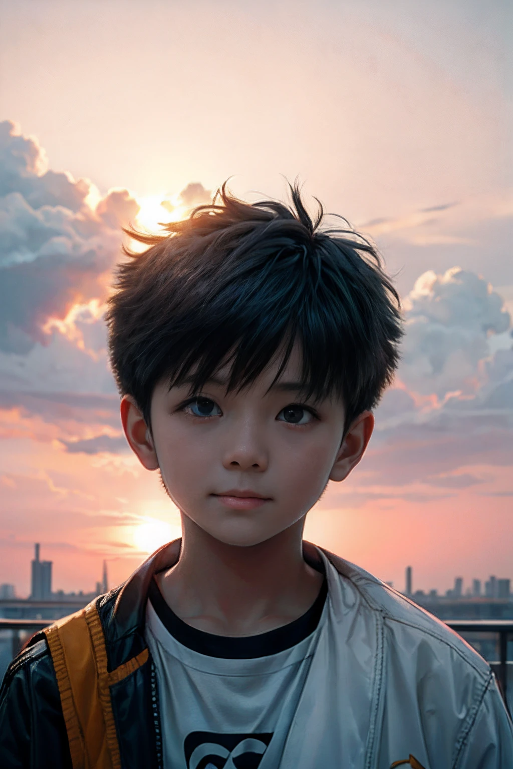 tmasterpiece，best qualityer，cinematic Film still from，1 Boy Central，natta，starrysky，Cloud Boy，floating into the sky，Close-up，brightly，cheerfulness，Soft lighting and warmth，Sun sunset，spark of light