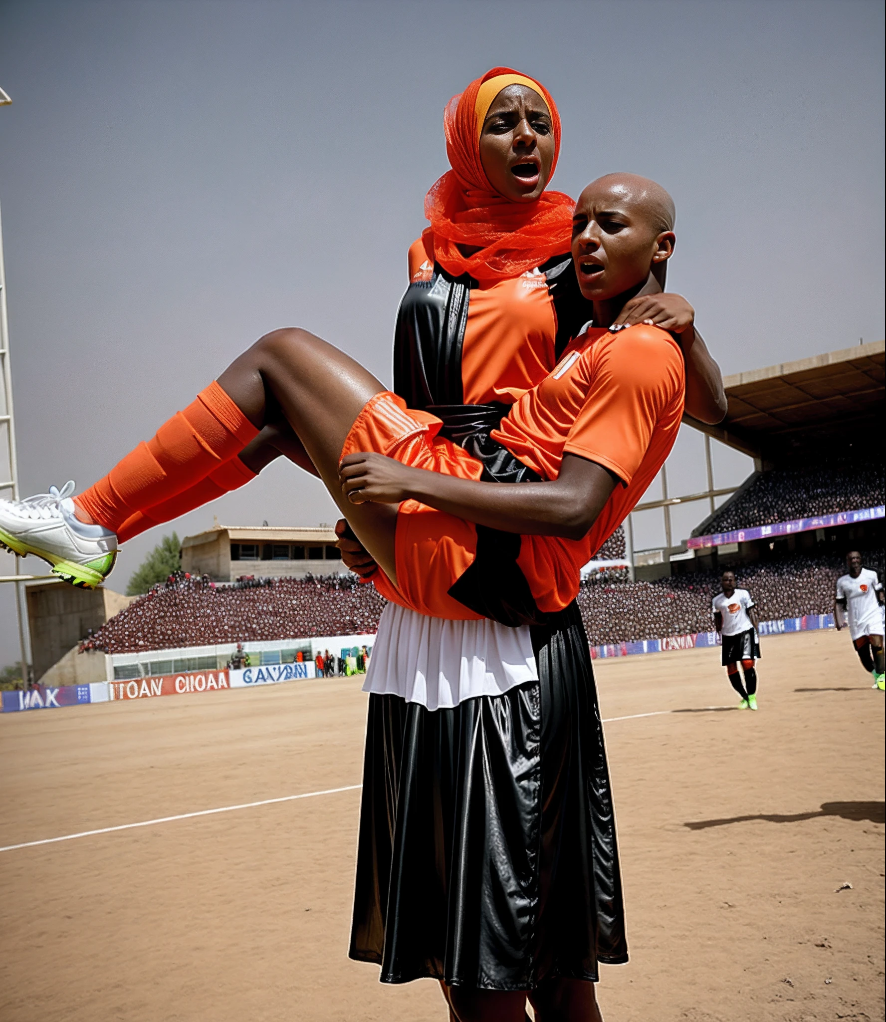 unconscious, fainted, consciousless, fainting, passed out, shiny plastic dress, she is wearing a shiny wet plastic dress, he wears very matte and scratchy orange SPORTSWEAR WITHOUT ANY SHINING, a high shine plastic caftan, woman wearing shiny plastic caftan, he hangs limp and powerless with his head hanging down in the arms of the turkish woman, screams of pain, shouting out in pain, shouting for help, dramatic rescue pose, pity, a fair-skinned and pale-faced turkish woman with a glossy and shiny plastic-headscarf and a high-shine long leather skirt with lots of light reflexes on it, a hurt and bald headed african soccer player hangs limp and powerless with his head hanging down in the arms of the turkish woman, a fair-skinned and pale-faced turkish woman in a long leather-skirt has a horrofied facial expression when she carries a bald headed african soccer player who is hanging limp and powerless with his head hanging down in her arms, an injured bald headed african soccer player in matte orange sportswear is carried with an extremely agonised facial expression, faces in pain and horror, screaming with pain, shocked facial expression, pityful facial expression, pity, pain, accident, help, soccer, soccer in a turkish stadium, woman carrying man, woman carries wounded man
