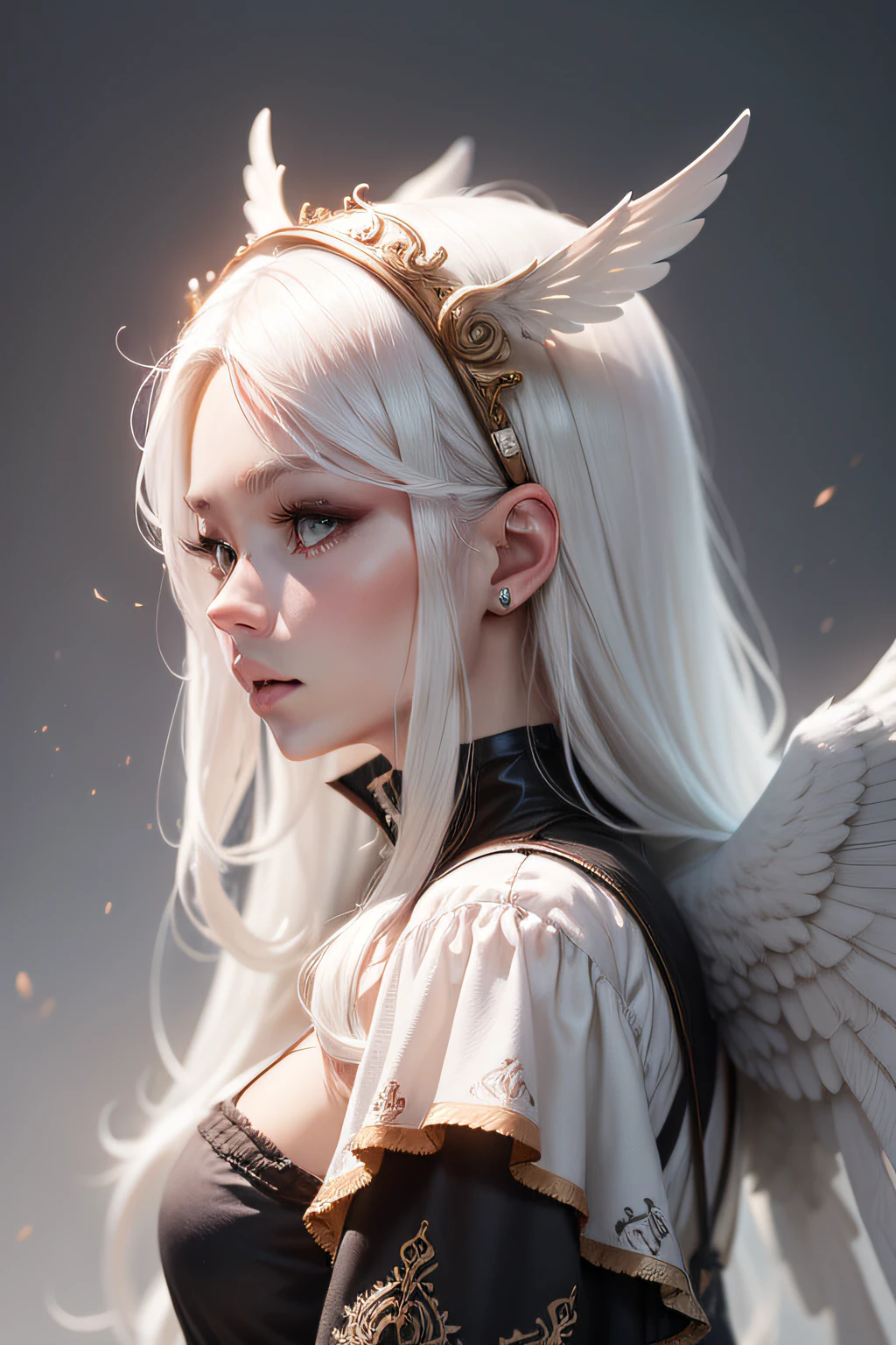 Girl, white hair, long hair, wings on the back, rings on the top of the head, good face