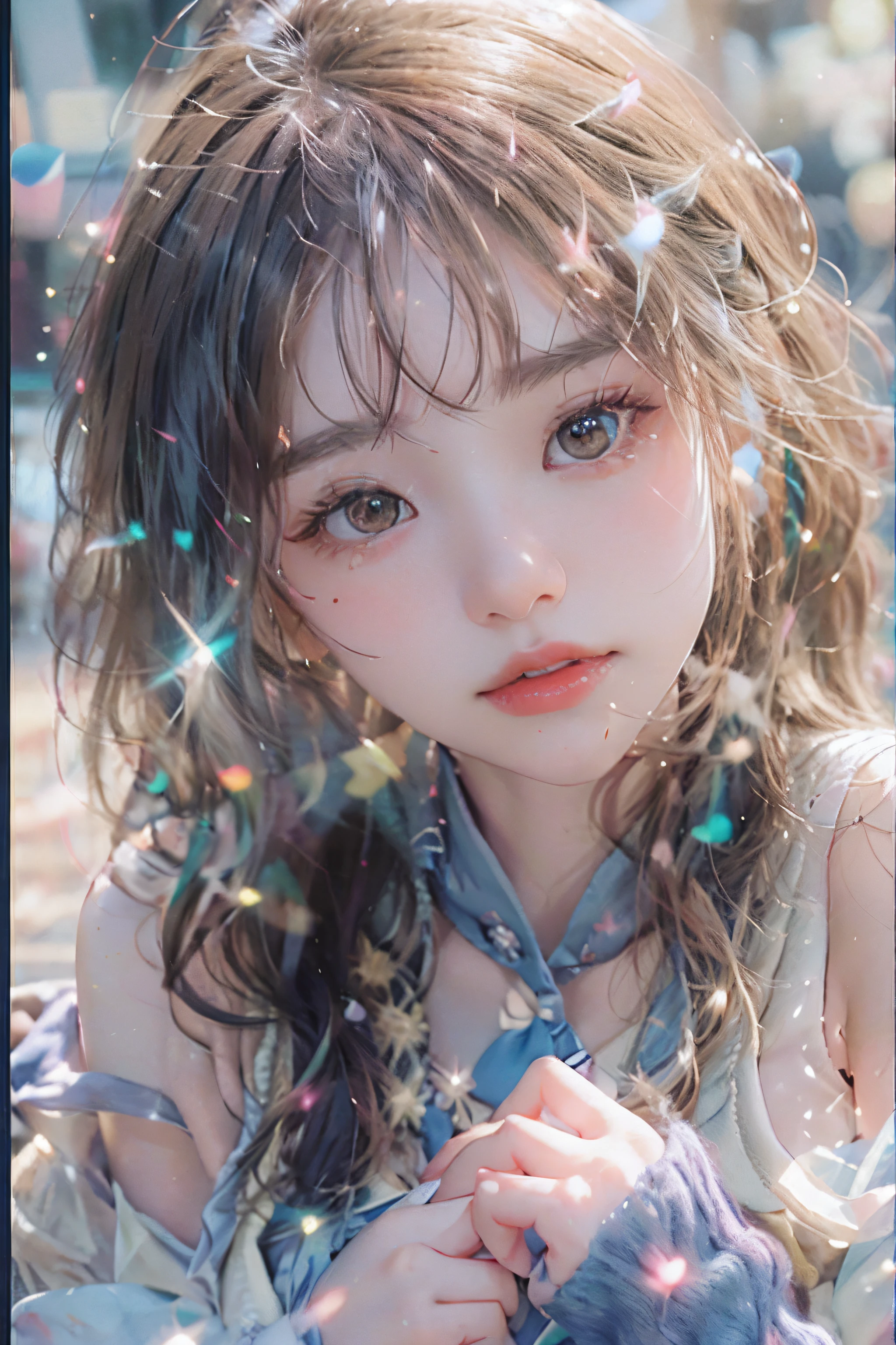(Fluorescent color:1.4),(semi transparent:1.4),(retro filters:1.4),(fanciful:1.4),(photograph of a woman,1girll:1.2),cropped shoulders,cinmatic lighting, ssmile,short detailed hair,Black shawl straight hair,46 points oblique bangs,High-definition detail、Hyper-detailing、cinematic ligh、ultra-realistic realism、Soft light、Deep field focus bokeh,s the perfect face,beauitful face,beautidful eyes,((Perfect female body)),Candy World Disneyland,aethereal、softness、fluffly、Soft landscape,Pastel pink sky,Green and blue luster,Ethereal light powder,Whimsical rainbow brilliance、As estrelas,diamond sparkles,Gemstone background,(Ultra photo realsisim)、(Super quality)、cinmatic lighting,huge detail,full HD painting,well-illuminated,