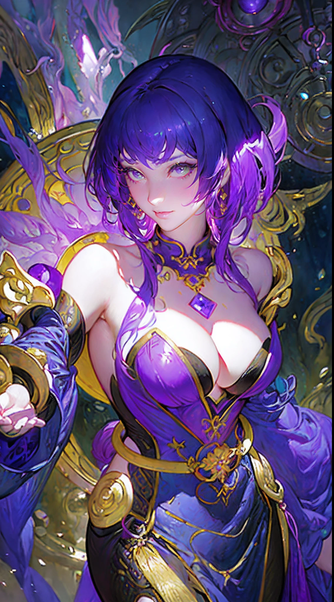 A woman with dark purple hair，Wearing a crystal dress in gold and deep purple，Cheng Weipan on the art station，Yang J，detailed fantasy art，stunning character art，Best Art Station Fan Art，Epic, refined character art，beautiful armor，Extremely detailed art，detailed digital anime art，Artgerm on ArtStation Pixiv，Girl in armor