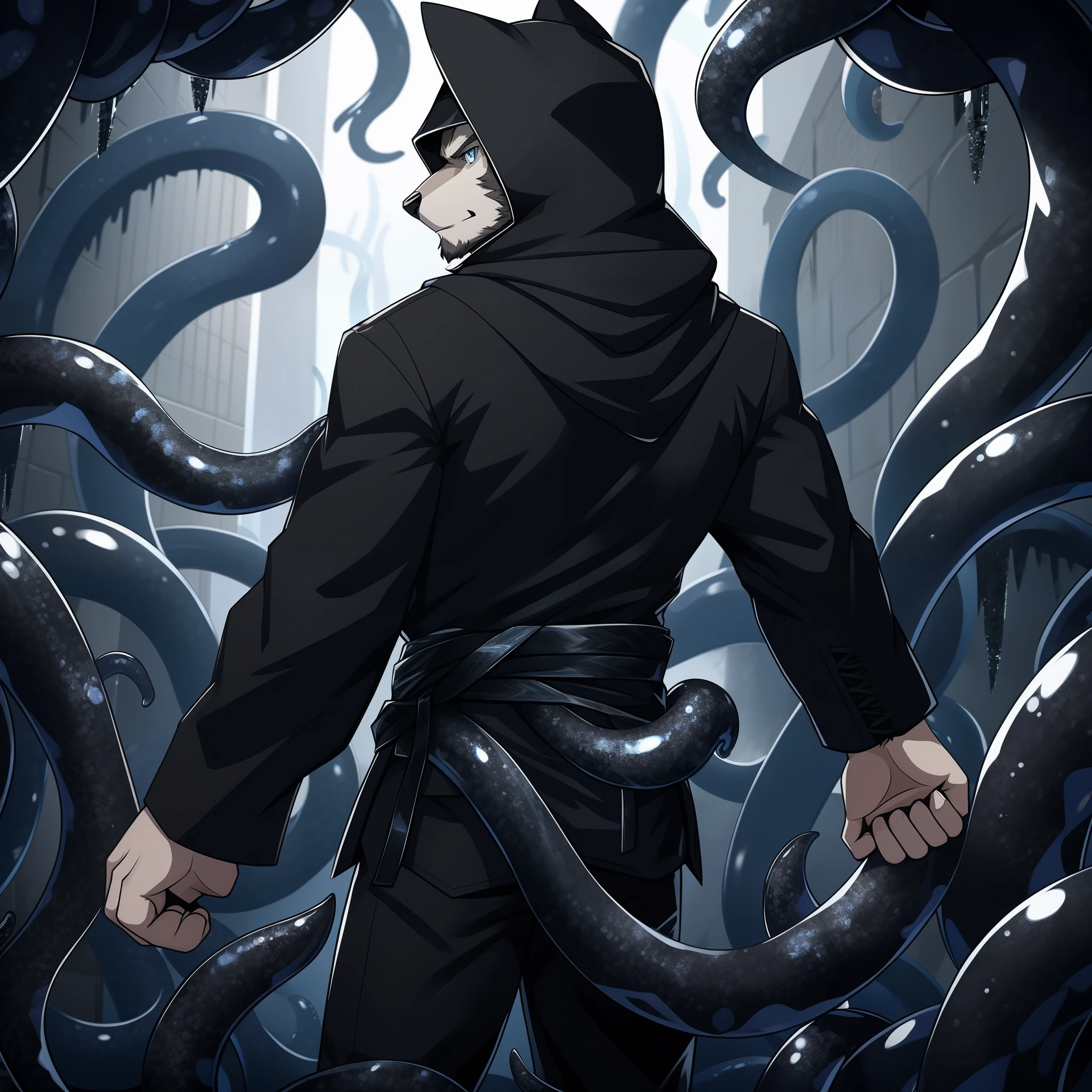 solo person,shaggy,hairy chest,gray wolf,a black trench coat,White color blouse,Black hood,Black jeans,blue color eyes,Black katana around the waist,(((Black ice tentacles on the back)))