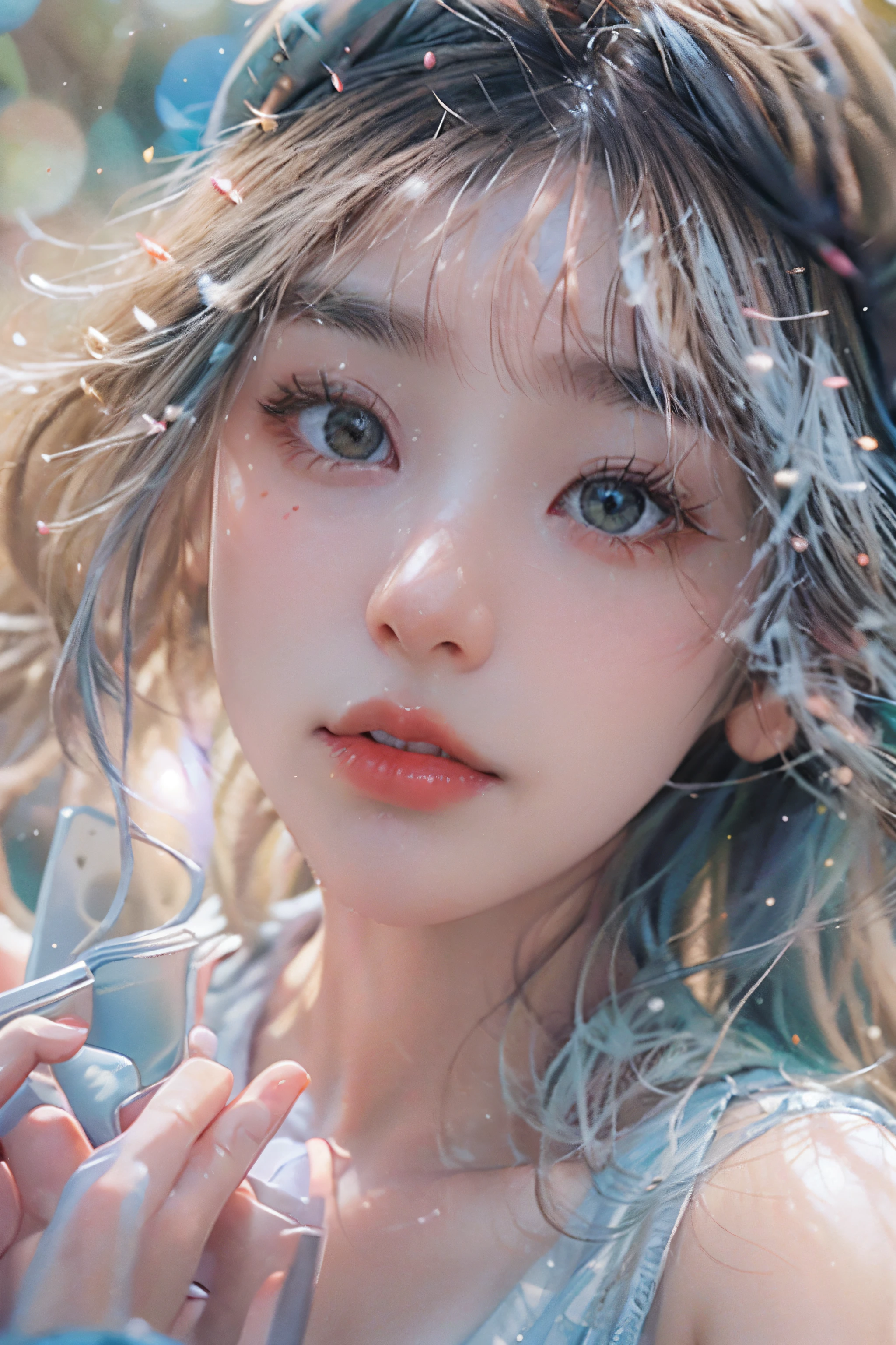 （Fluorescent color：1.4），（semi transparent：1.4），（retro filters：1.4），（fanciful：1.4），（photograph of a woman，1girll：1.2），cropped shoulders，cinmatic lighting, ssmile,short detailed hair，Black shawl straight hair，46 points oblique bangs，High-definition detail、Hyper-detailing、cinematic ligh、ultra-realistic realism、Soft light、Deep field focus bokeh，s the perfect face，beauitful face，beautidful eyes，（（Perfect female body）），Candy World Disneyland，aethereal、softness、fluffly、Soft landscape，Pastel pink sky，Green and blue luster，Ethereal light powder，Whimsical rainbow brilliance、As estrelas，diamond sparkles，Gemstone background，(Ultra photo realsisim)、(Super quality)、cinmatic lighting，huge detail，full HD painting，well-illuminated，