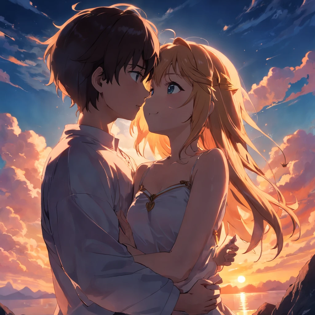 masterpiece, best quality, movie still, 1girl, made of water, 1boy made of fire, by a stream, close-up, bright, happy, warm soft lighting, sunset, (sparks:0.7)