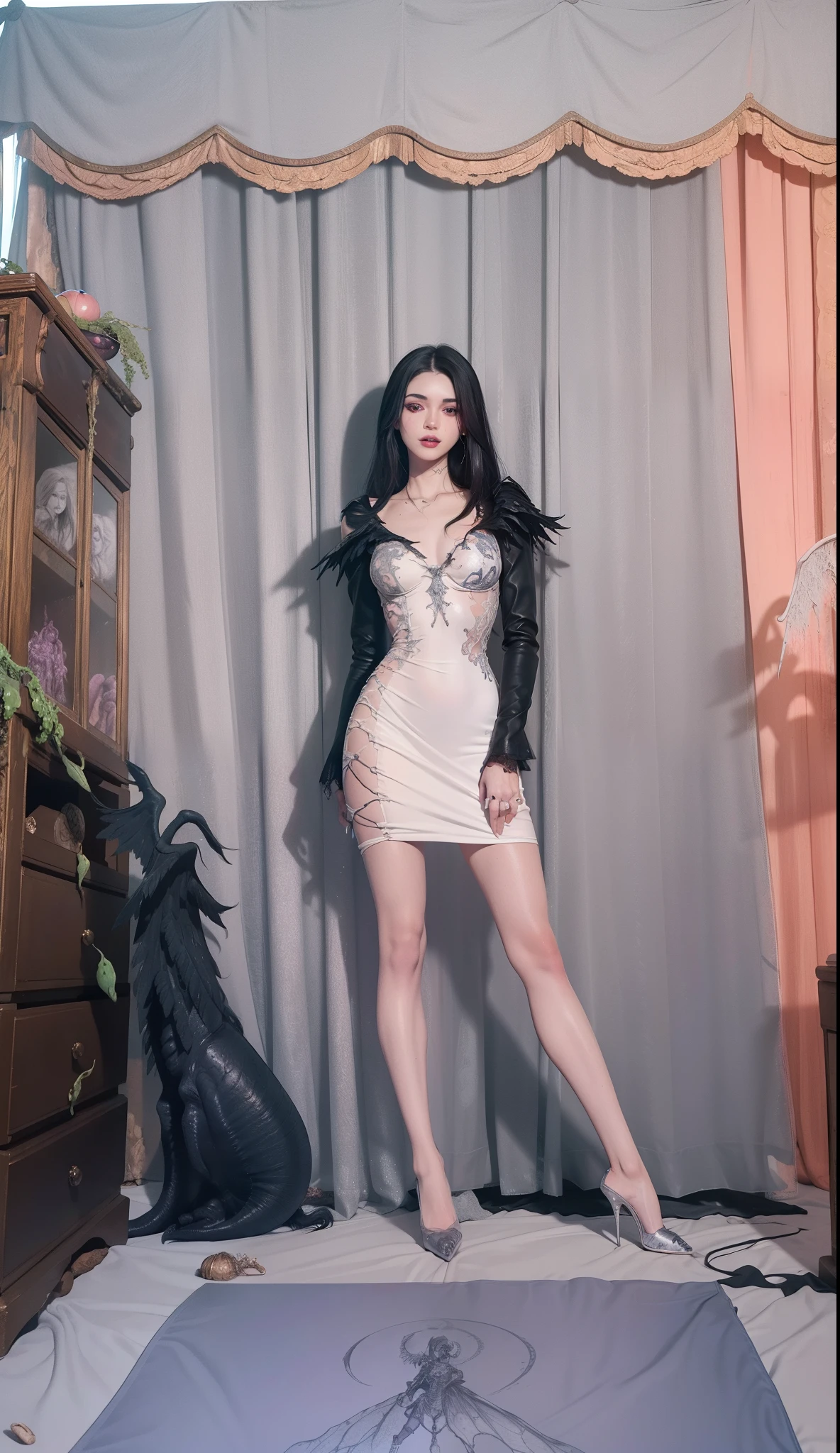 Fine matte paint,Skeleton Dark Angel,Haunted castle with large wings, Fill the drawing table with a knife,terroral,uncanny,horrid,secret terror,tentaculata,grape trees,The eye,uncanny valley effect teeth,all fours,Critters,Blood Moon,Sexy beauty,8K,Blu-ray quality,high-heels