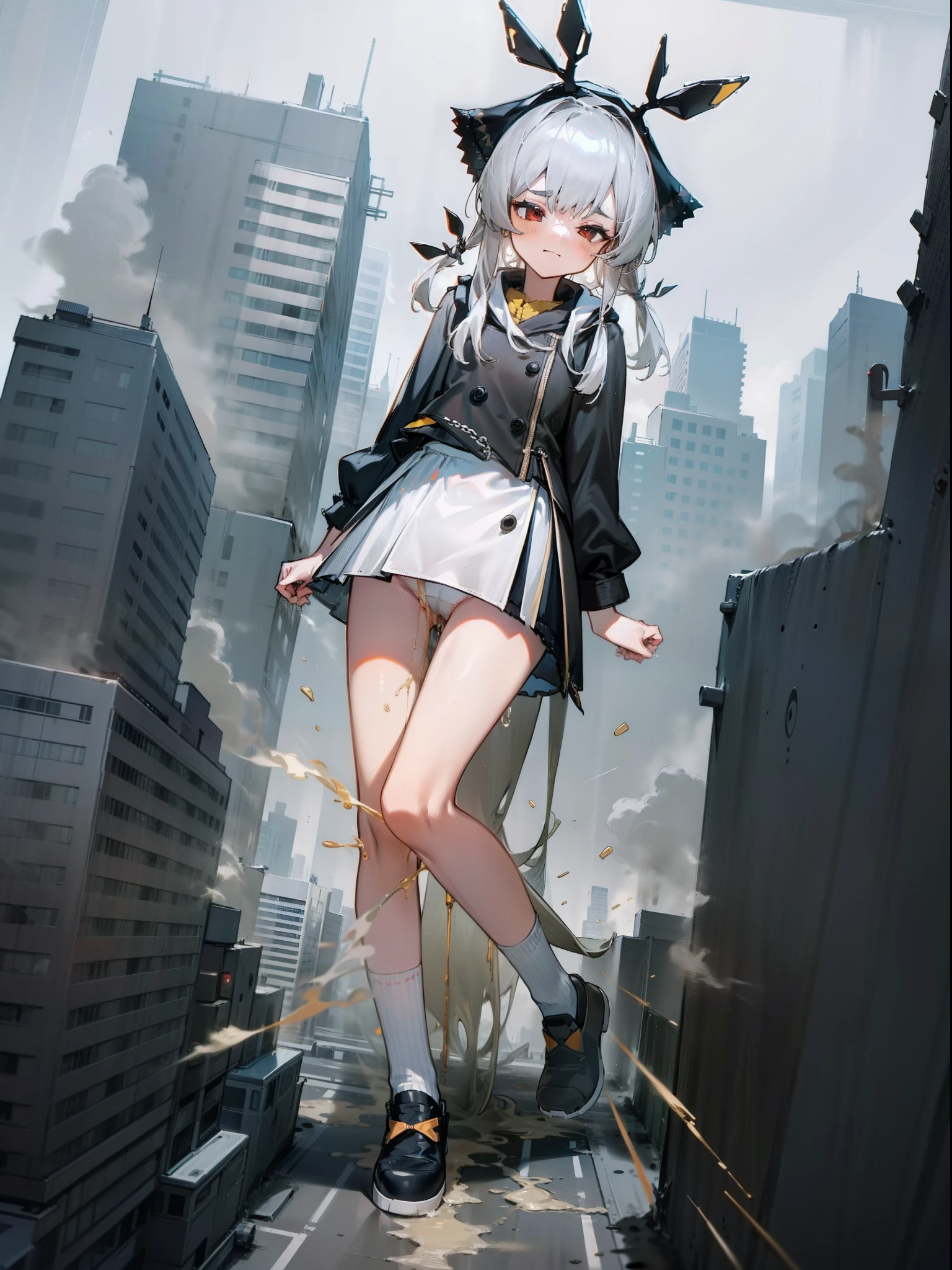 1girll,diaper,pissing,Be red in the face,Comfortable expression,Squat,urine squirting,{{{Giantess}}},A giantess,10 meters tall girl,1girll,modern miniature city,The city was trampled by her,Squat in a modern miniature city ,Pee vigorously,Urine emits steam,White pile socks,Fleeing crowds,